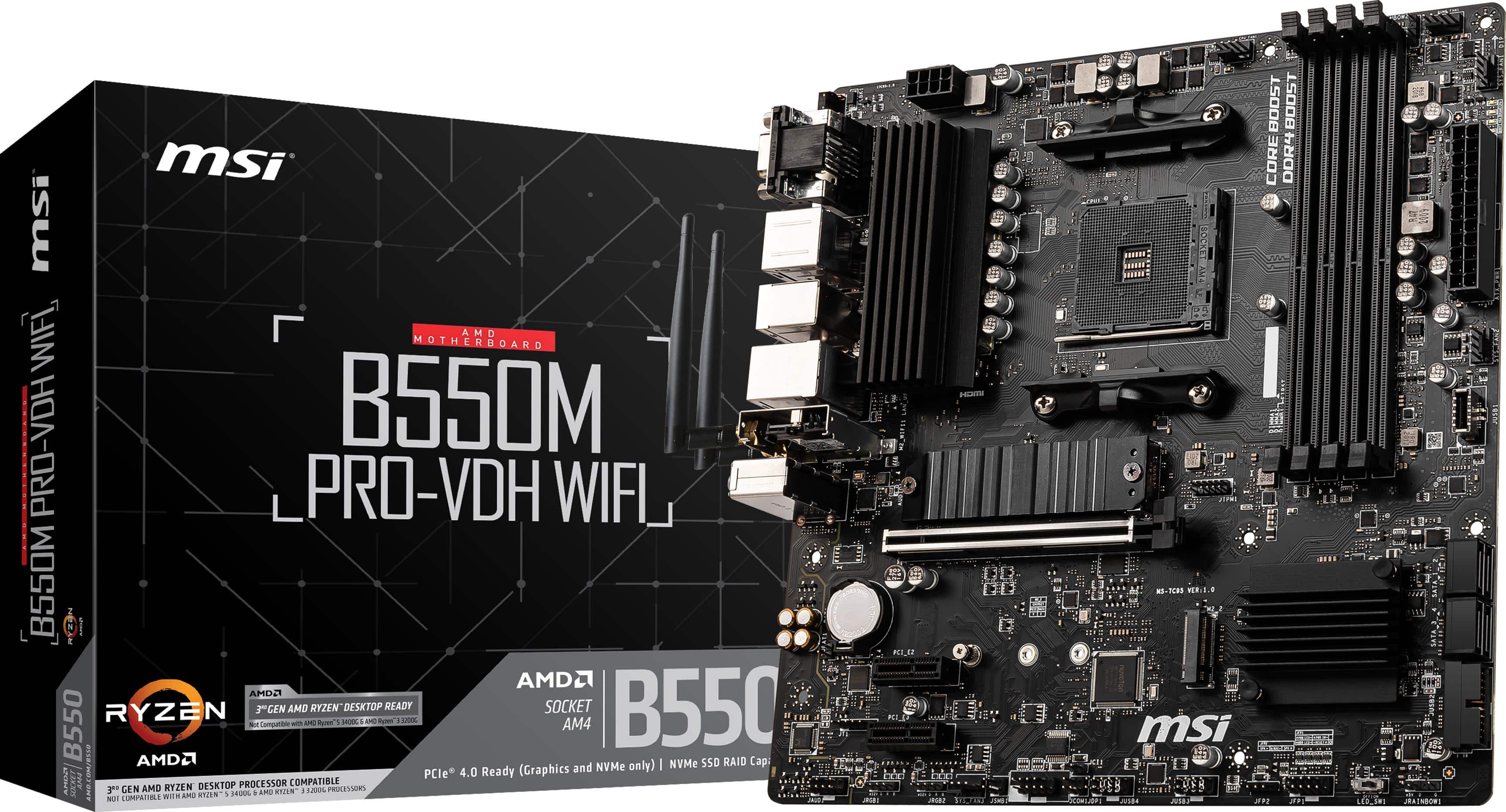 The text on the image reads: "MSI B550M PRO-VDH WIFI B550M I AMD2 AMD2 3.5 GHz B550 RYZEN 3000 Series Processor Compatible (Graphics and NVMe only) NVMe SSD RAID Cap: 2 TB SATA 6.0 Gb/s Ready (PCIe 4.0 Ready) 1200 PROCESSORS ONLY COMPATIBLE BOOST CORE DDR4 3200 MHz BOOST CORE MEMORY 2 x DDR4 DIMM Slots (Max. 128 GB) 1 x PCIe 4.0 x16 Slot 1 x PCIe 3.0 x16 Slot 2 x PCIe 3.0 x1 Slot 1 x M.2 Socket 3 with M Key 1 x U.2 Socket 2 with PCIe 4.0 x4 1 x SATA 6.0 Gb/s 1 x SATA 6.0 Gb/s 1 x SATA 6.0 Gb/s 1 x SATA 6.0 Gb/s 1 x SATA 6.0 Gb/s 1 x SATA 6.0 Gb/s 1 x SATA 6.0 Gb/s 1 x SATA 6.0 Gb/s 1 x SATA 6.0 Gb/s 1 x SATA 6.0 Gb/s 1 x SATA 6.0 Gb/s 1 x SATA 6.0 Gb/s 1 x SATA 6.0 Gb/s 1 x SATA 6.0 Gb/s 1 x SATA 6.0 Gb/s 1 x SATA 6.0 Gb/s 1 x SATA 6.0 Gb/s 1 x SATA 6.0 Gb/s 1 x SATA 6.0 Gb/s 1 x SATA 6.0 Gb/s 1 x SATA 6.0 Gb/s 1 x SATA 6.
