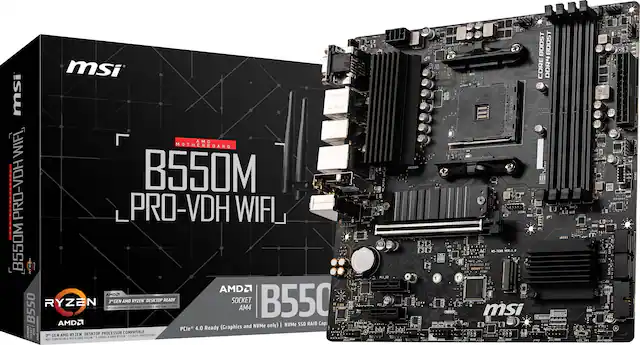 The text on the image reads: "MSI B550M PRO-VDH WIFI B550M I AMD2 AMD2 3.5 GHz B550 RYZEN 3000 Series Processor Compatible (Graphics and NVMe only) NVMe SSD RAID Cap: 2 TB SATA 6.0 Gb/s Ready (PCIe 4.0 Ready) 1200 PROCESSORS ONLY COMPATIBLE BOOST CORE DDR4 3200 MHz BOOST CORE MEMORY 2 x DDR4 DIMM Slots (Max. 128 GB) 1 x PCIe 4.0 x16 Slot 1 x PCIe 3.0 x16 Slot 2 x PCIe 3.0 x1 Slot 1 x M.2 Socket 3 with M Key 1 x U.2 Socket 2 with PCIe 4.0 x4 1 x SATA 6.0 Gb/s 1 x SATA 6.0 Gb/s 1 x SATA 6.0 Gb/s 1 x SATA 6.0 Gb/s 1 x SATA 6.0 Gb/s 1 x SATA 6.0 Gb/s 1 x SATA 6.0 Gb/s 1 x SATA 6.0 Gb/s 1 x SATA 6.0 Gb/s 1 x SATA 6.0 Gb/s 1 x SATA 6.0 Gb/s 1 x SATA 6.0 Gb/s 1 x SATA 6.0 Gb/s 1 x SATA 6.0 Gb/s 1 x SATA 6.0 Gb/s 1 x SATA 6.0 Gb/s 1 x SATA 6.0 Gb/s 1 x SATA 6.0 Gb/s 1 x SATA 6.0 Gb/s 1 x SATA 6.0 Gb/s 1 x SATA 6.0 Gb/s 1 x SATA 6.