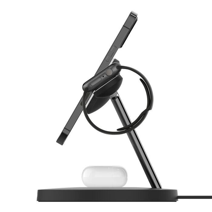 Left. Belkin - BoostCharge Pro 3-in-1 Wireless Charger with MagSafe Charging, 15W - Black.