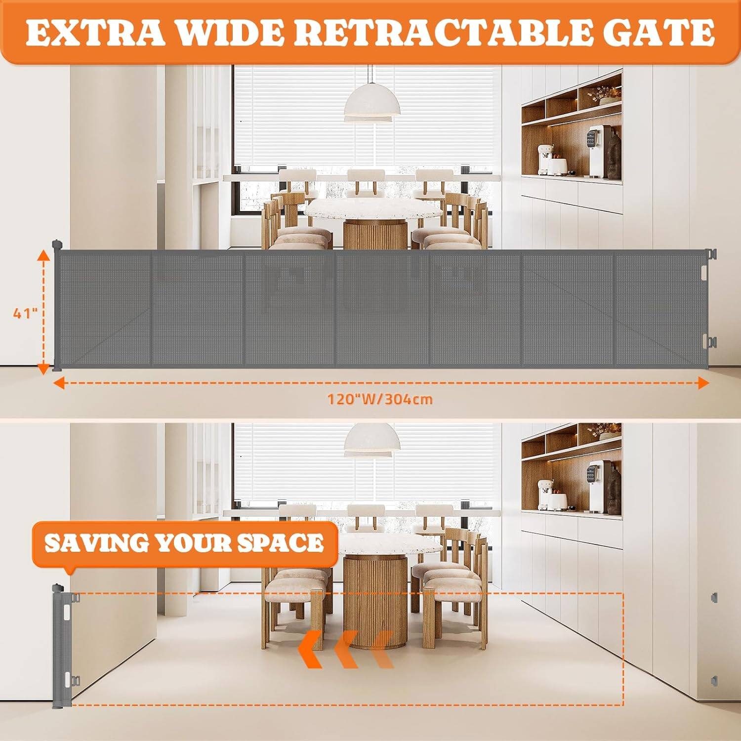 EXTRA WIDE RETRACTABLE GATE 41" 120"W/304cm SAVING YOUR SPACE