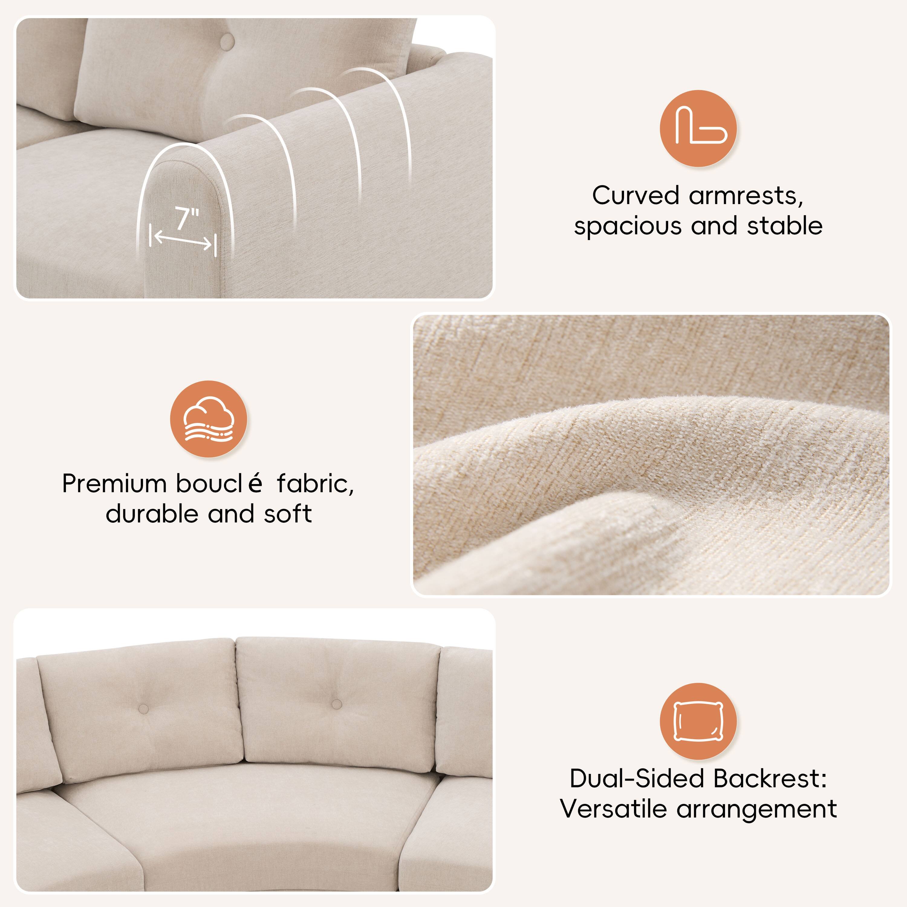 7" | Curved armrests, spacious and stable  
Premium bouclé fabric, durable and soft  
Dual-Sided Backrest: Versatile arrangement