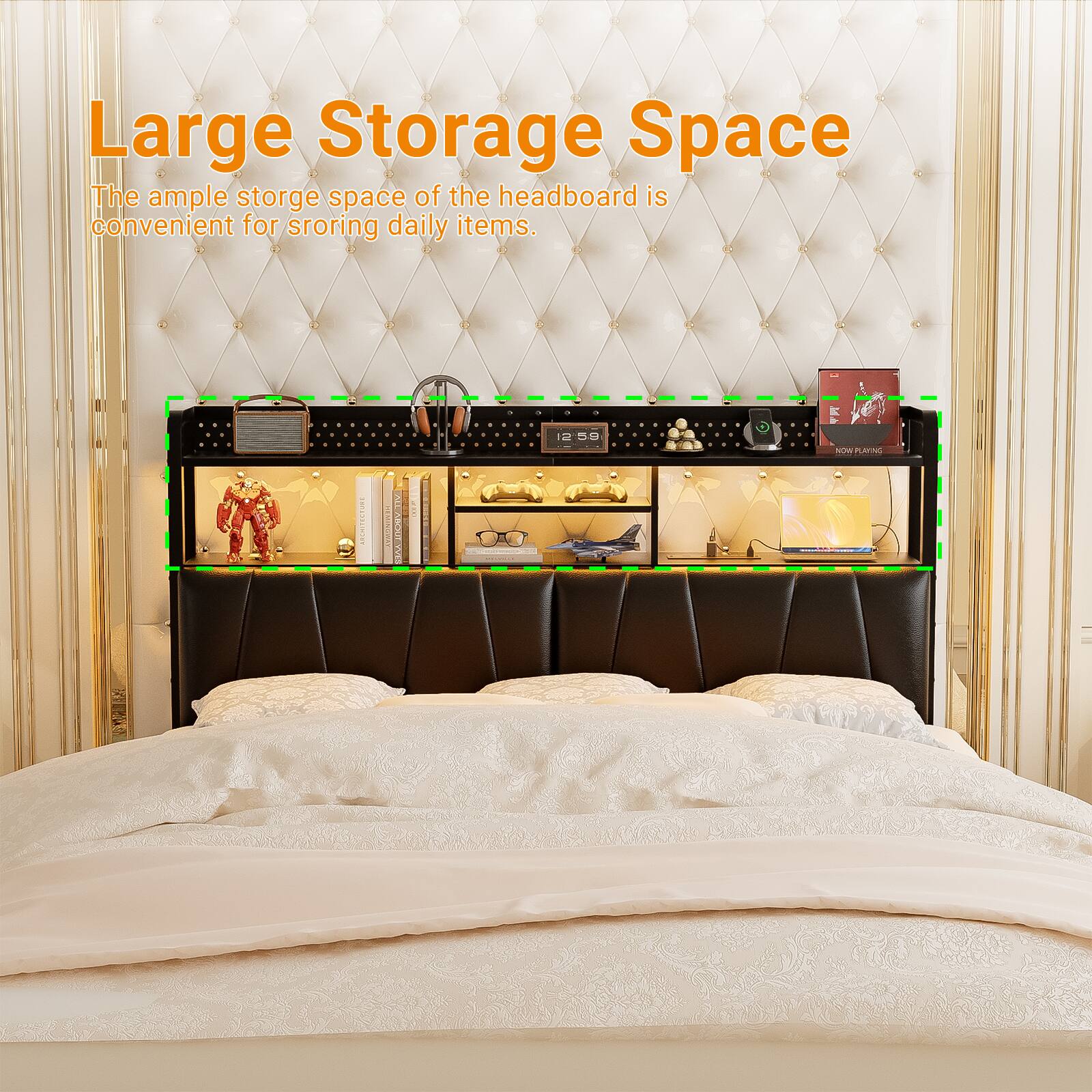 Large Storage Space  
The ample storage space of the headboard is convenient for storing daily items.