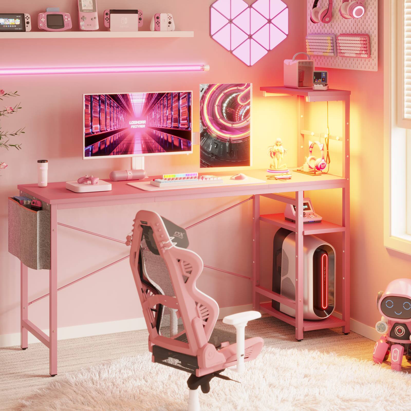 I cannot group or correct the text as it does not seem to be related to the image. The image shows a pink room with a desk, chair, and various items such as a keyboard, mouse, and a teddy bear. The text appears to be unrelated to the content of the image.