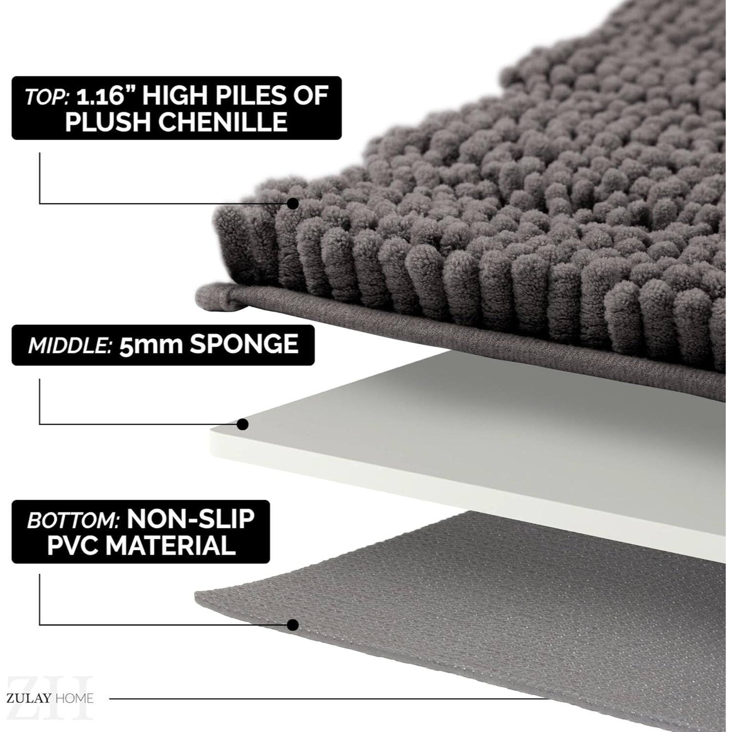 TOP: 1.16" HIGH PILES OF PLUSH CHENILLE  
MIDDLE: 5mm SPONGE  
BOTTOM: NON-SLIP PVC MATERIAL  

ZULAY HOME