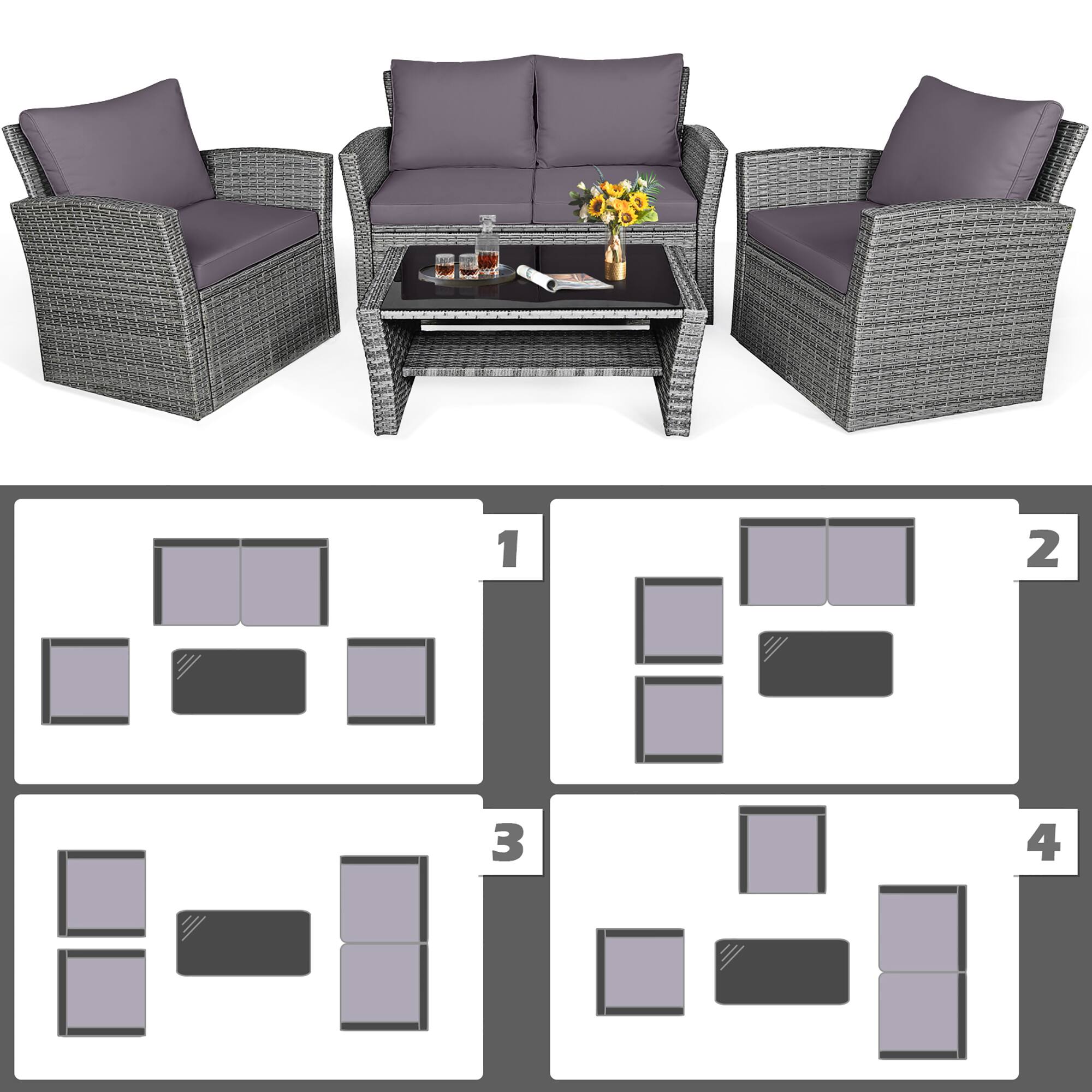 Alt View 4. Gymax - Gymax 4PCS Patio Rattan Conversation Set Outdoor Furniture Set w/ Grey Cushions - Grey.