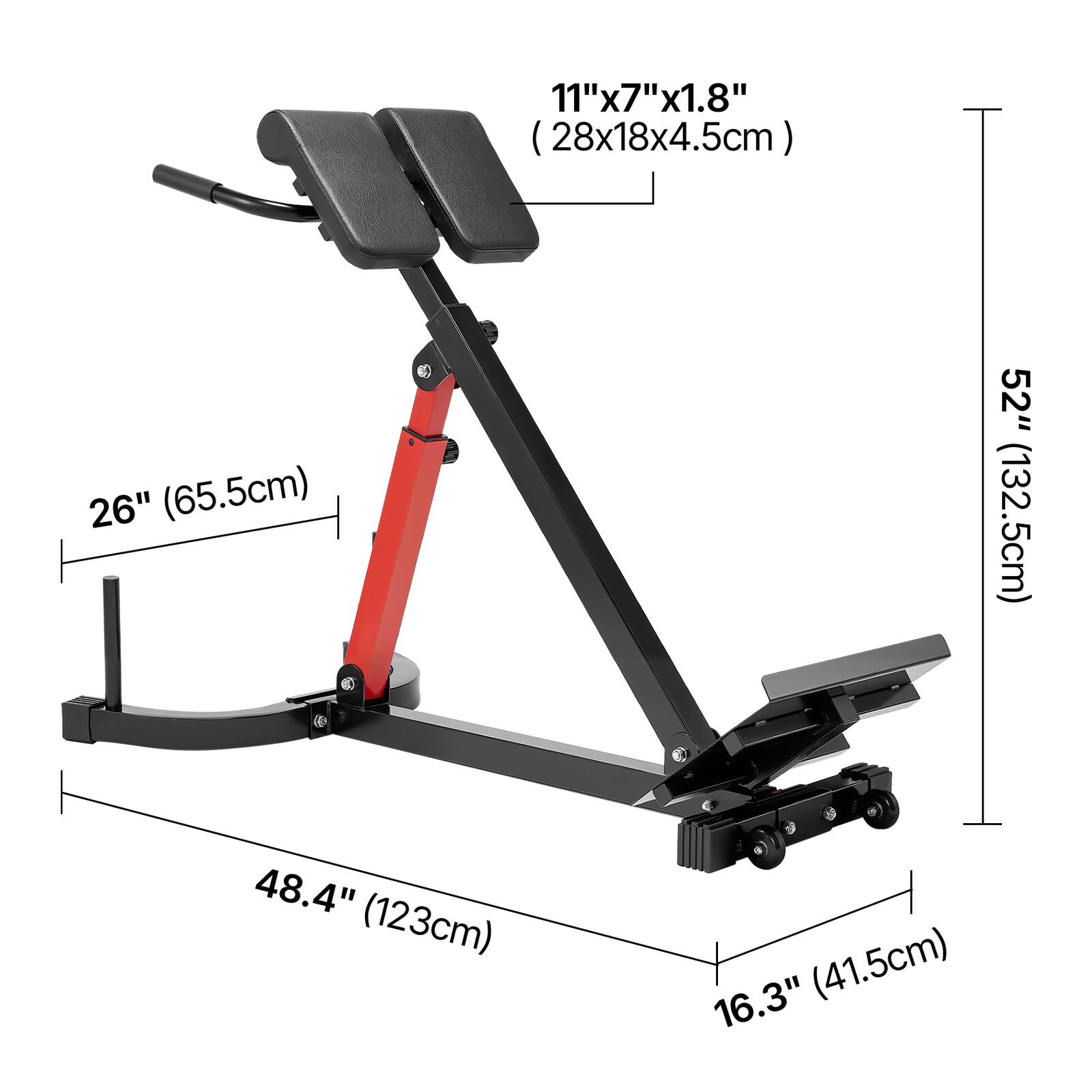 11"x7"x1.8" (28x18x4.5cm)  
26" (65.5cm)  
52" (132.5cm)  
48.4" (123cm)  
16.3" (41.5cm)