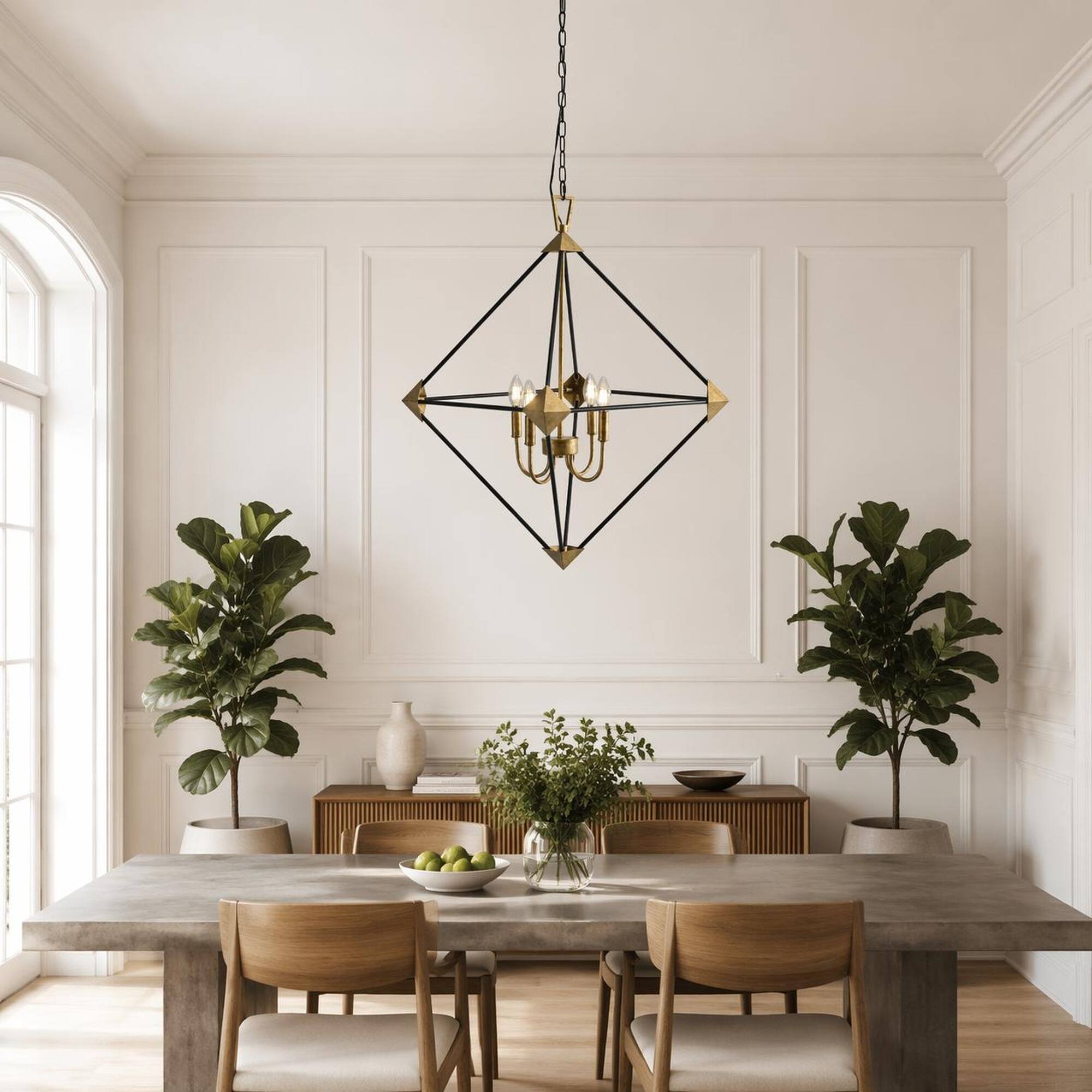 Angle. RYHNUYNE - Modern 4‑Light Lantern Chandelier, Metal Hanging Pendant Light Fixture for Dining Room Foyer - Black+Gold.