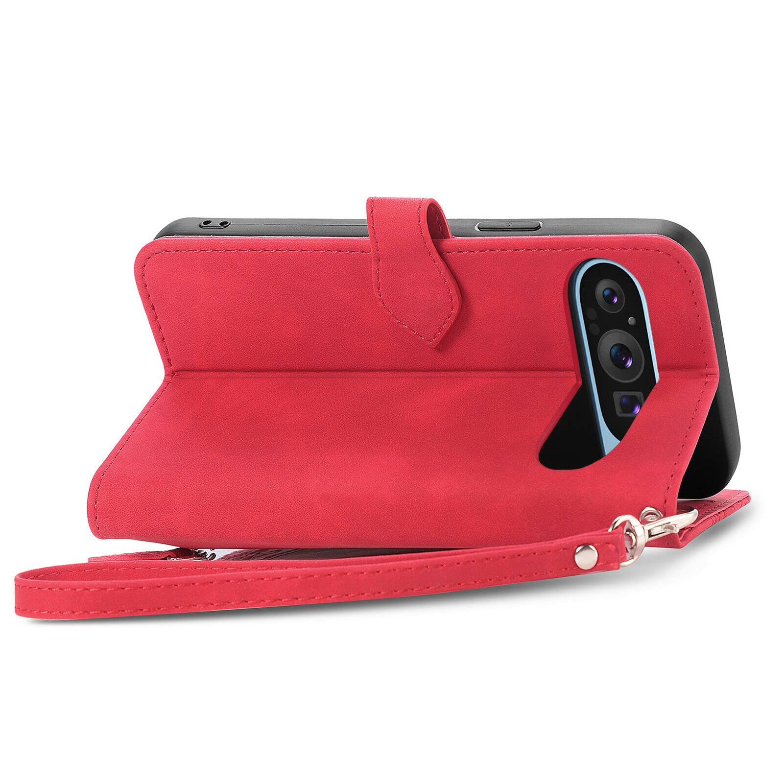 Alt View 1. Dteck - for Google Pixel 10 Pro XL/9 Pro XL Wallet Case,Shockproof PU Leather Card Holder Cover with Zipper Pocket & Wrist Strap - Red.