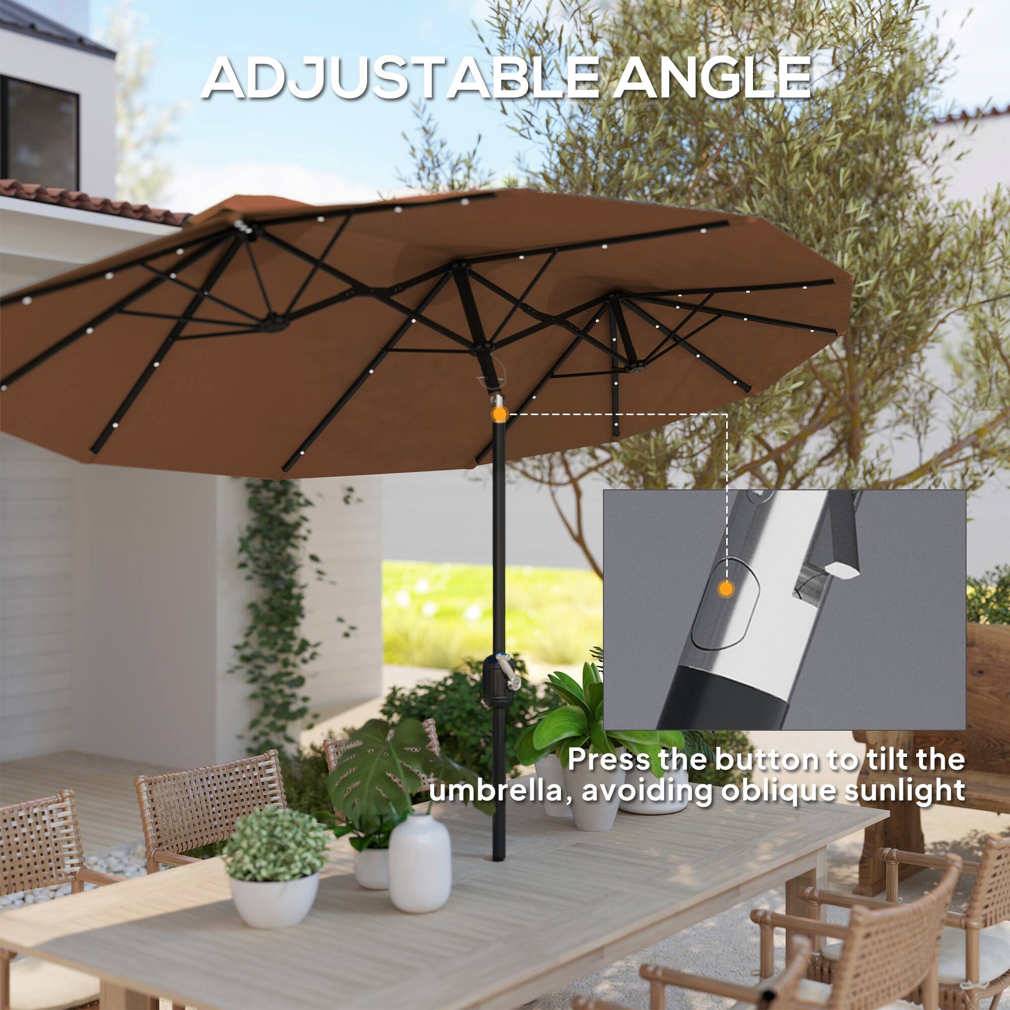 ADJUSTABLE ANGLE
Press the button to tilt the umbrella, avoiding oblique sunlight