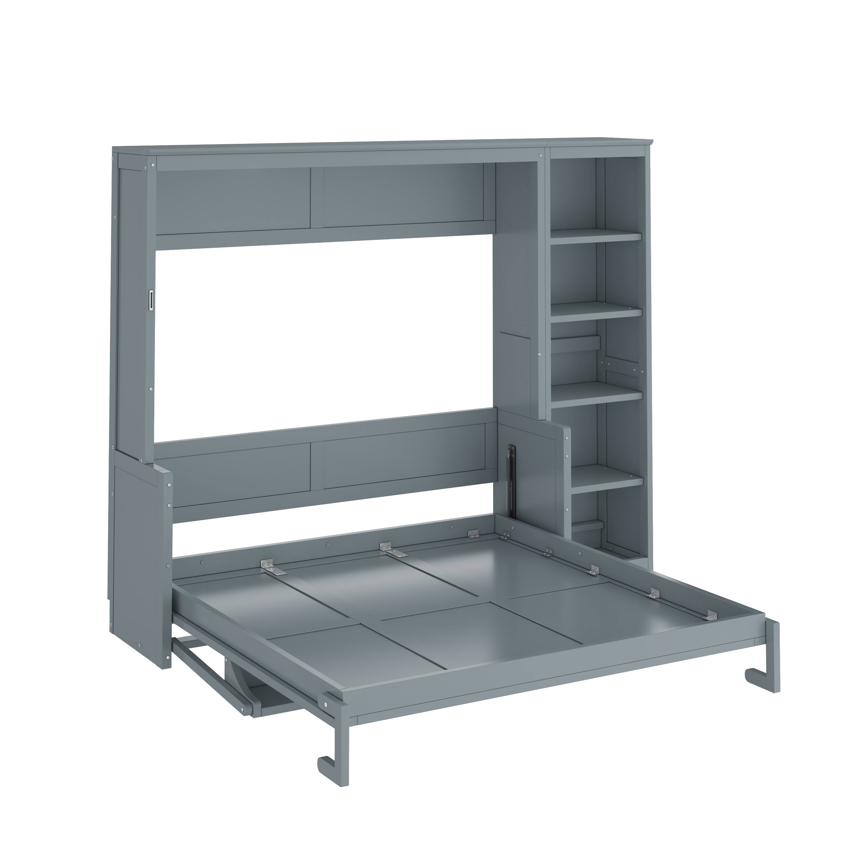Alt View 1. Whisen - Murphy Bed with Built-in Desk and Side Bookshelves, Foldable Space-Saving Bed Cabinet - Gray.