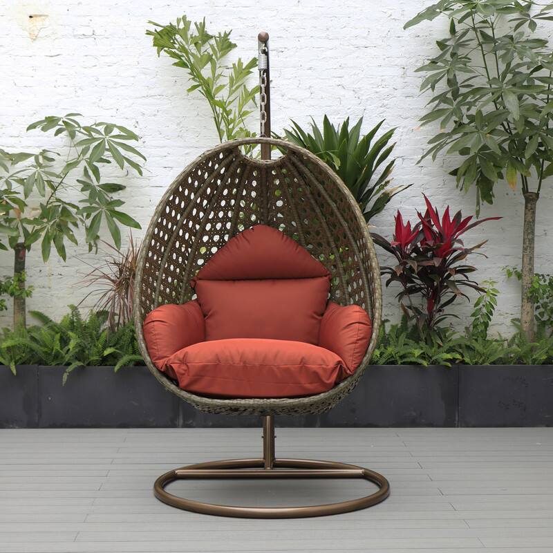 Back. LeisureMod - LeisureMod Beige Wicker Hanging Egg Chair with Iron Stand & Cushion - All-Weather Single Outdoor Patio Swing - Cherry.