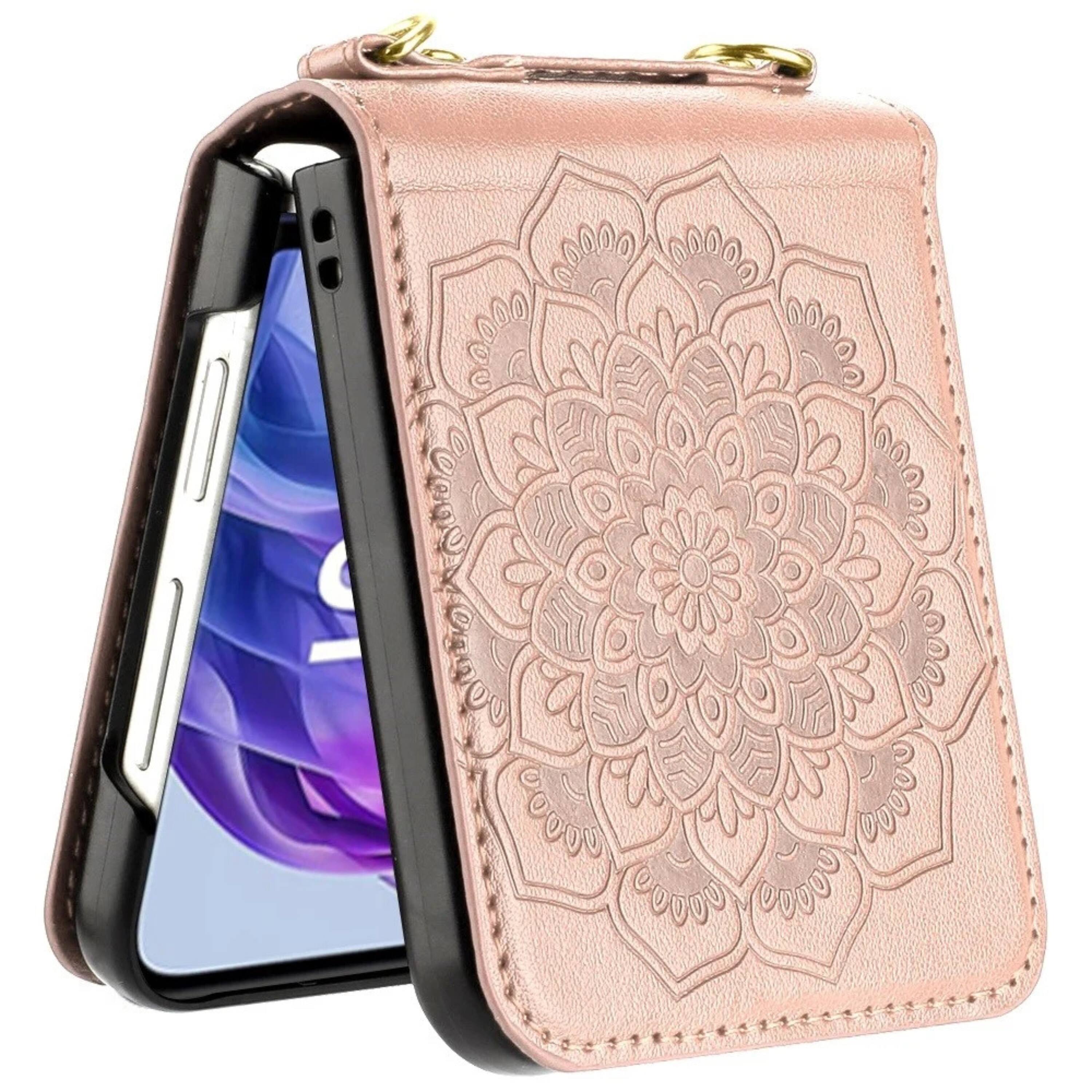 Angle. Kitcheniva - Embossed Vegan Leather Case With Shoulder Strap For Motorola Razr Plus 2024 Rose Gold - Rose Gold.
