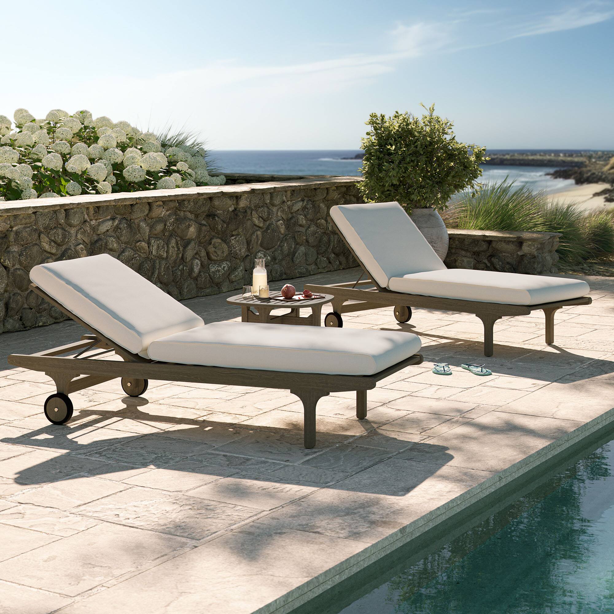 Alt View 4. Modway - Saratoga 3-Piece Teak Chaise Lounge Set - 2 Adjustable Chaise Lounges, Slatted Side Table - Weathered Gray White.