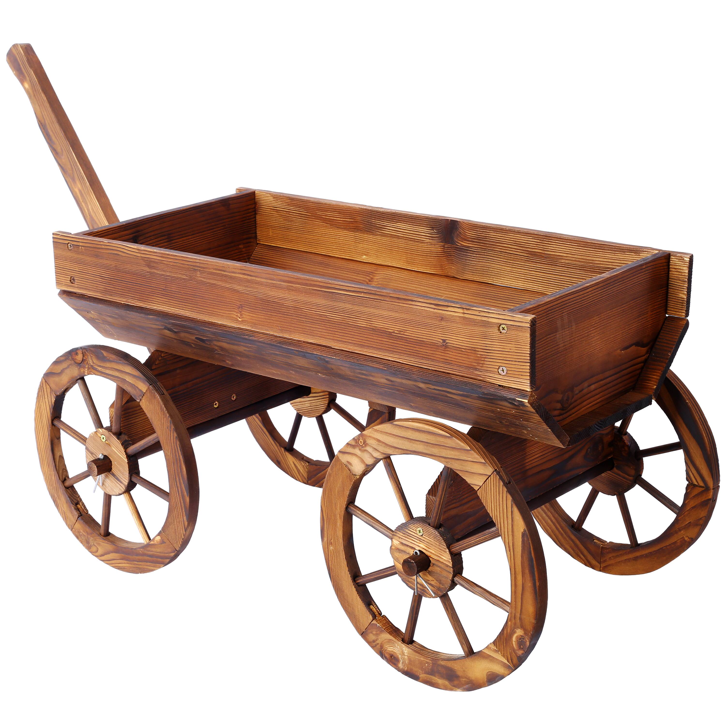Angle. GOODSILO - Rustic Wood Wagon Planter with Wheels - Decorative Outdoor Garden Flower Pot Stand - Brown.