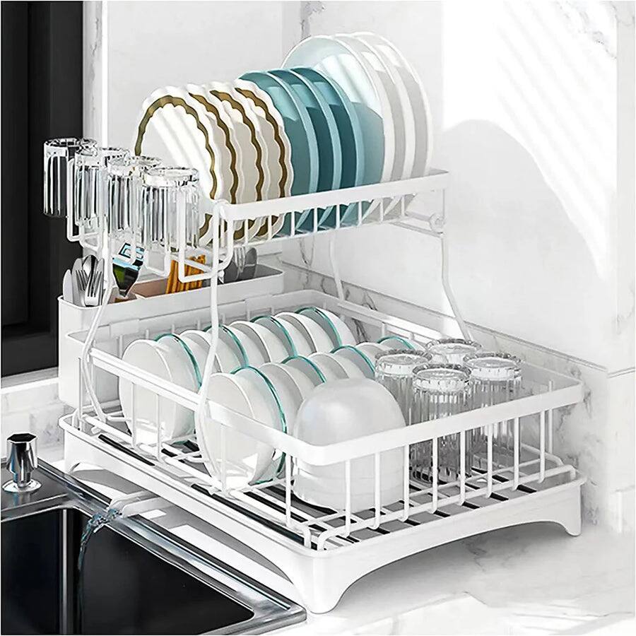 Angle. Adivo - 2 tier Dish Drainer Kitchen Counter Dish Rack with Cutlery Holder, Drip Tray - White.