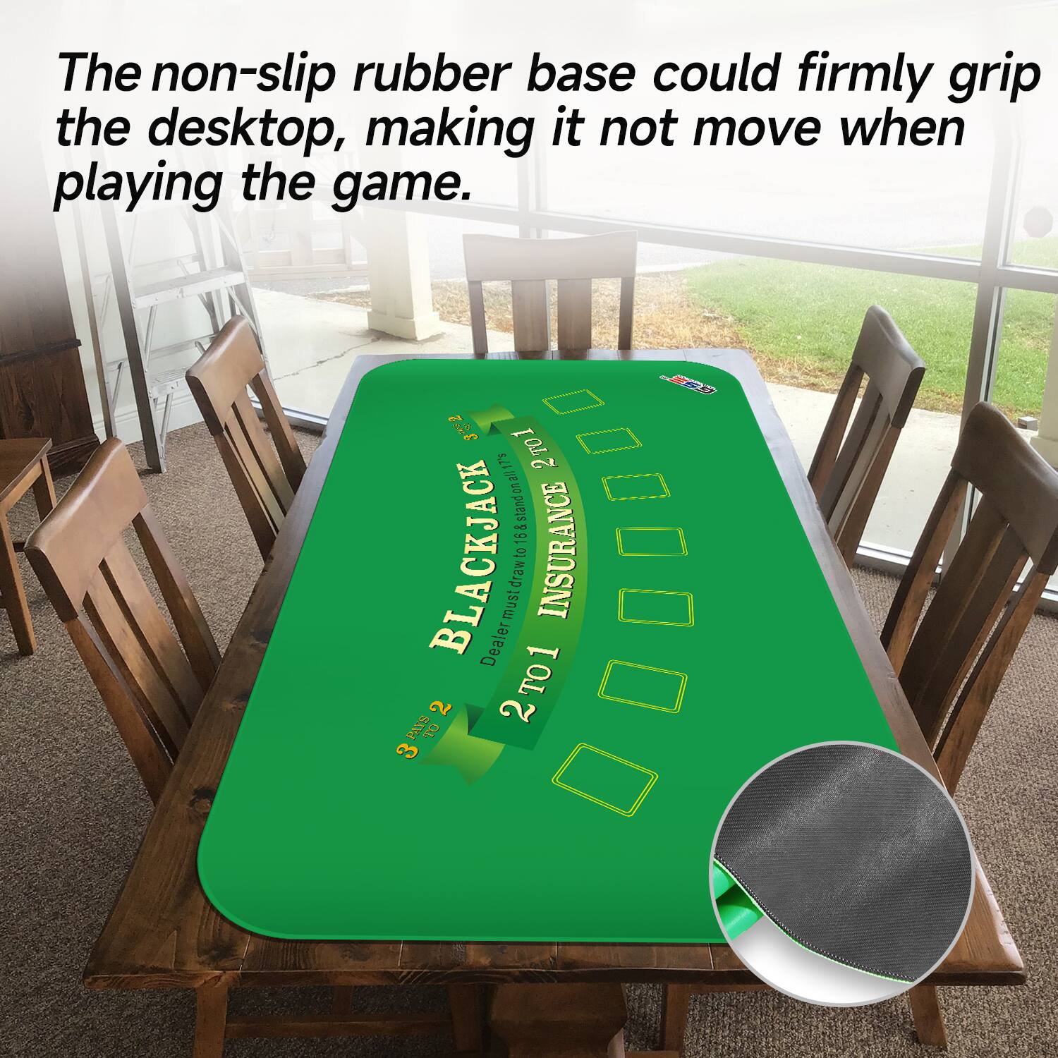 The non-slip rubber base could firmly grip the desktop, making it not move when playing the game. 3:2 1 20173 201 1 stand 99 BLACKJACK Dealermustdrawto mustdrawt INSURANCE COOODON Dealer 1 T01 2 2 3POTB PAYS a 3