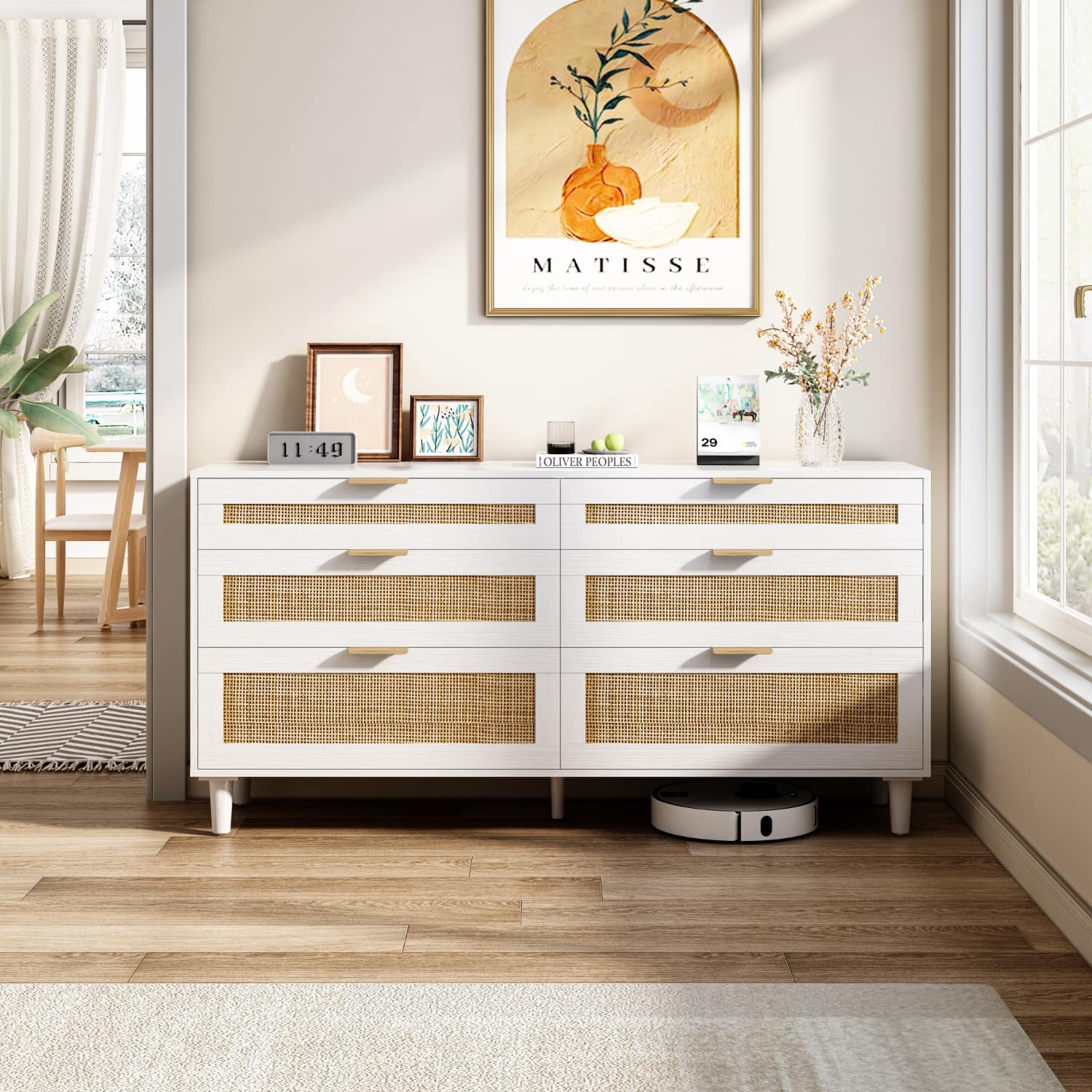 Lirago - Rattan Accent Cabinet with 6 Drawers 15.75"D x 59.06" W x 29.53" H - White