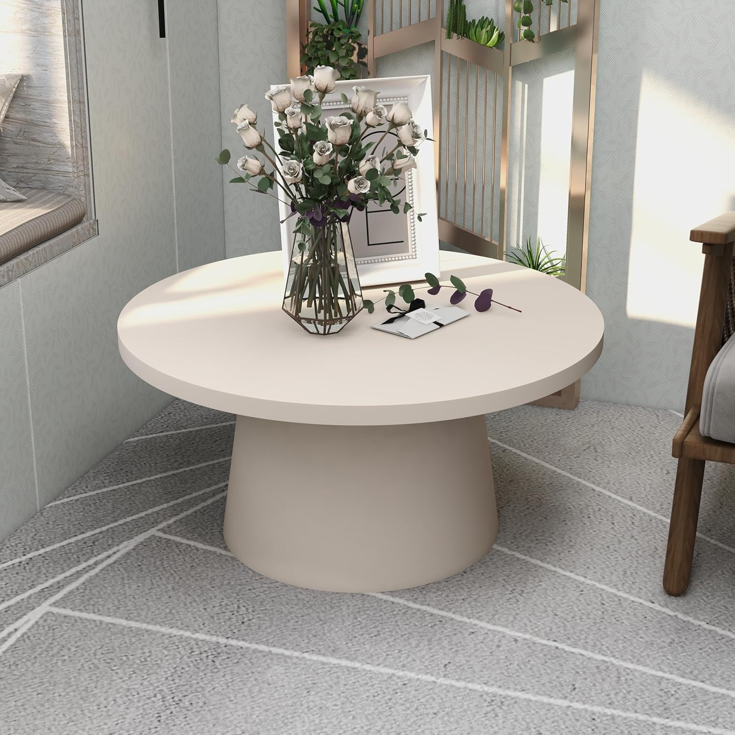 Left. LeisureMod - Dune Large Round Stone Side Table, Durable Fiberstone Indoor/Outdoor Pedestal Accent Table - Grey.