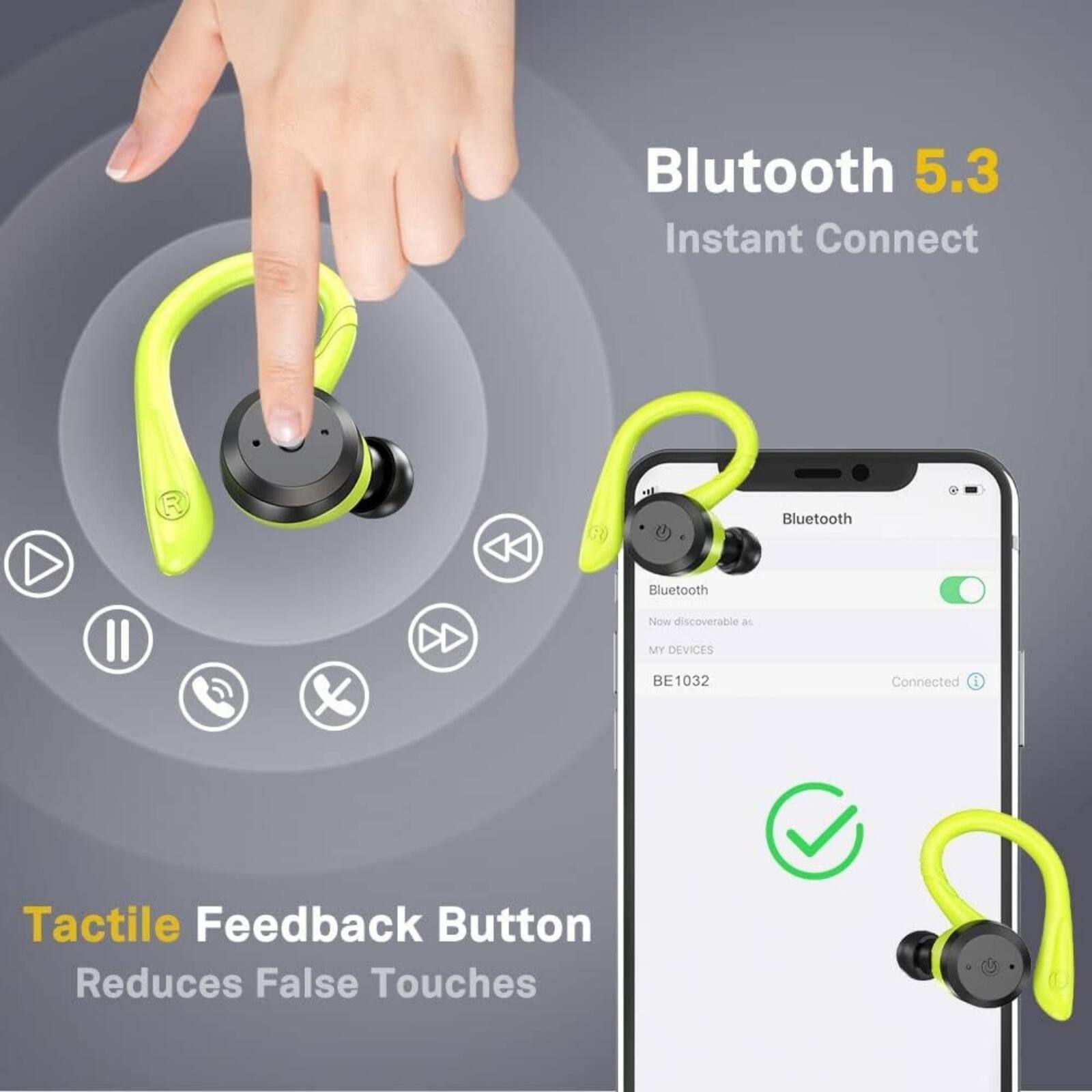Bluetooth 5.3  
Instant Connect  

Bluetooth  
Now discoverable as MY DEVICES  
BE1032  
Connected  

Tactile Feedback Button  
Reduces False Touches