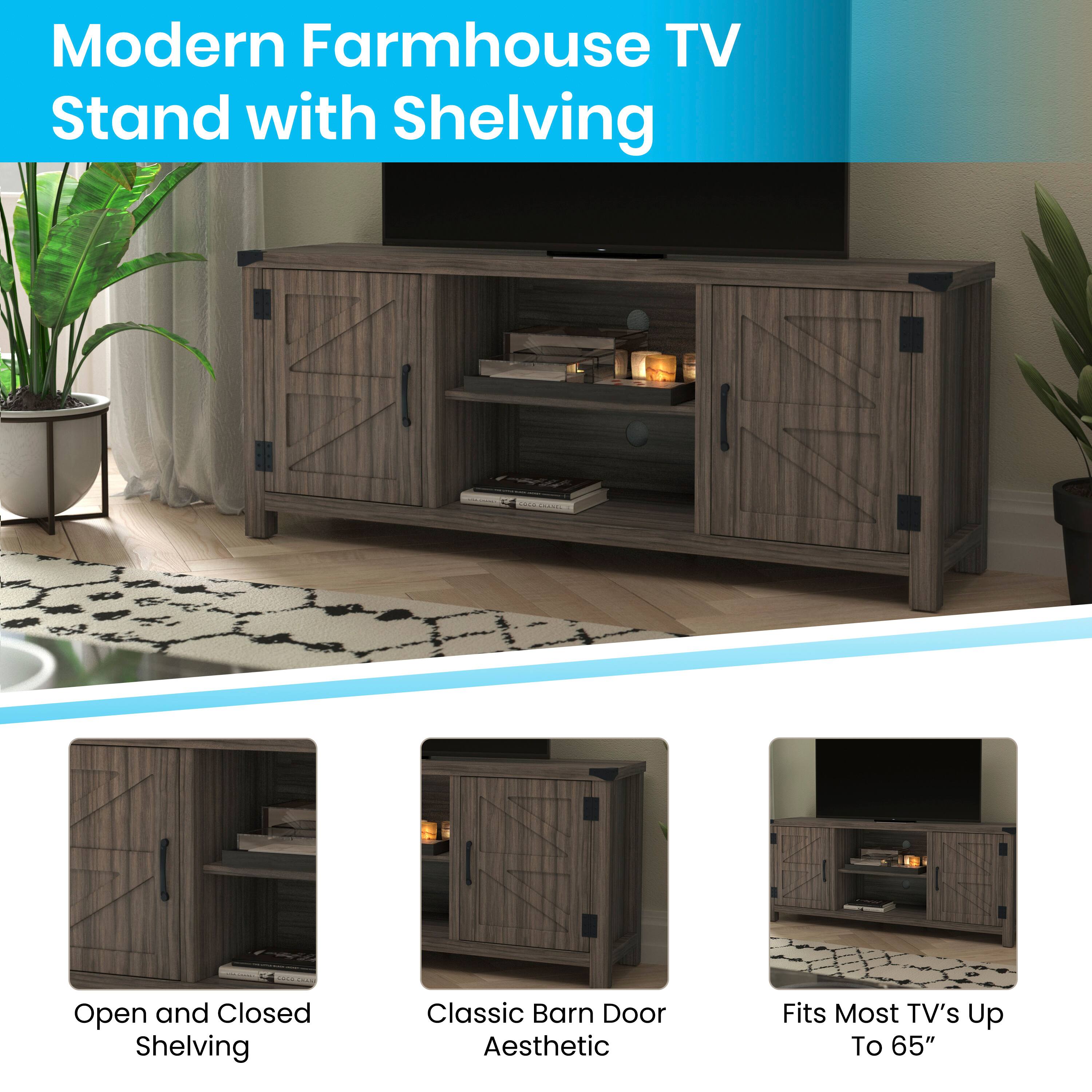 Modern Farmhouse TV Stand with Shelving

- Open and Closed Shelving
- Classic Barn Door Aesthetic
- Fits Most TV's Up To 65"
