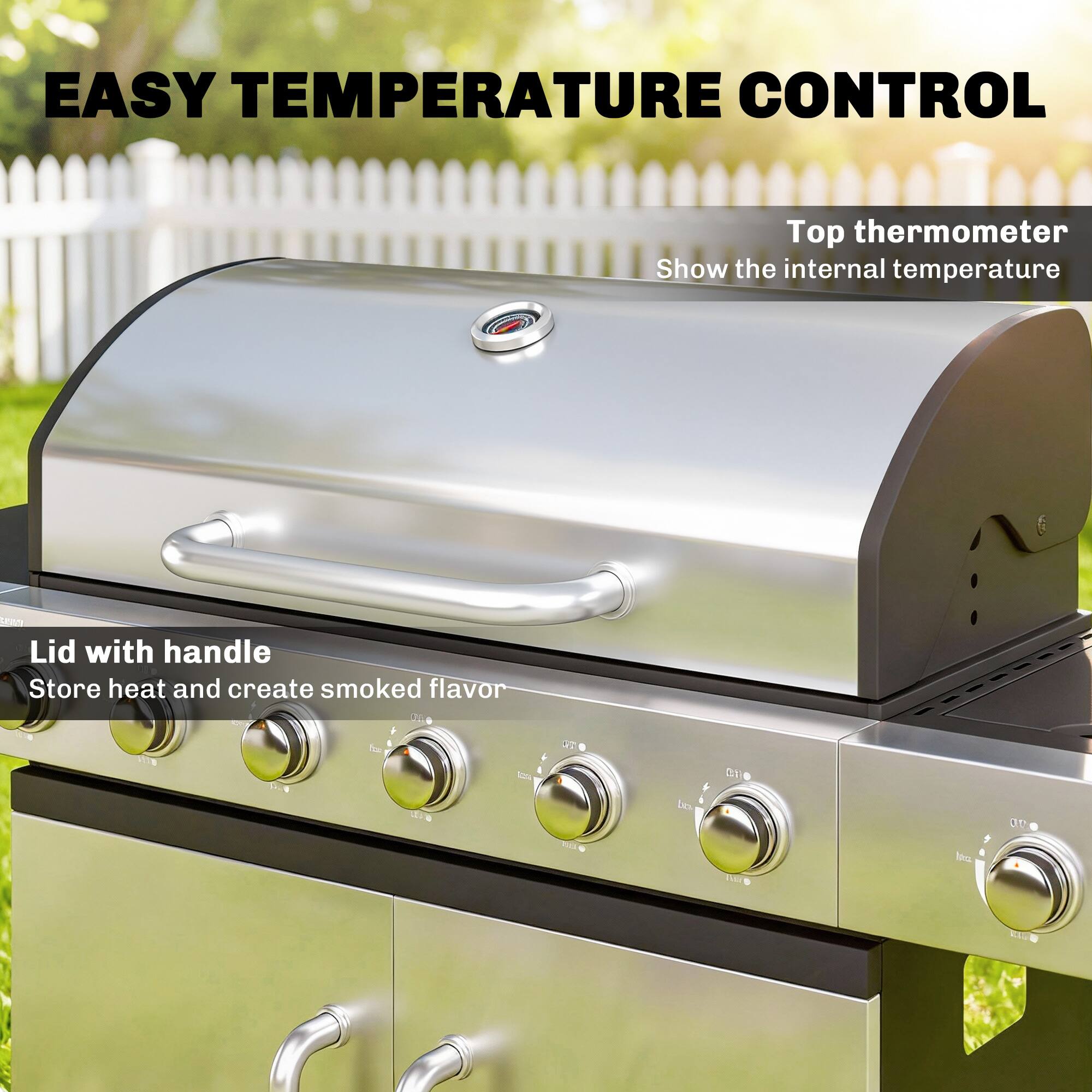 EASY TEMPERATURE CONTROL

Top thermometer
Show the internal temperature

Lid with handle
Store heat and create smoked flavor