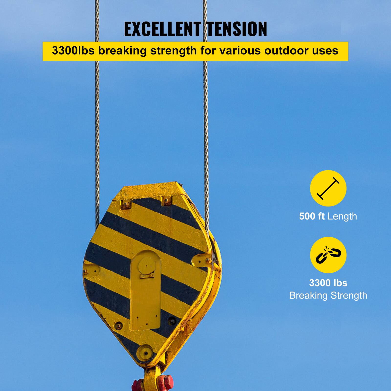 EXCELLENT TENSION  
3300lbs breaking strength for various outdoor uses  
500 ft Length  
3300 lbs Breaking Strength