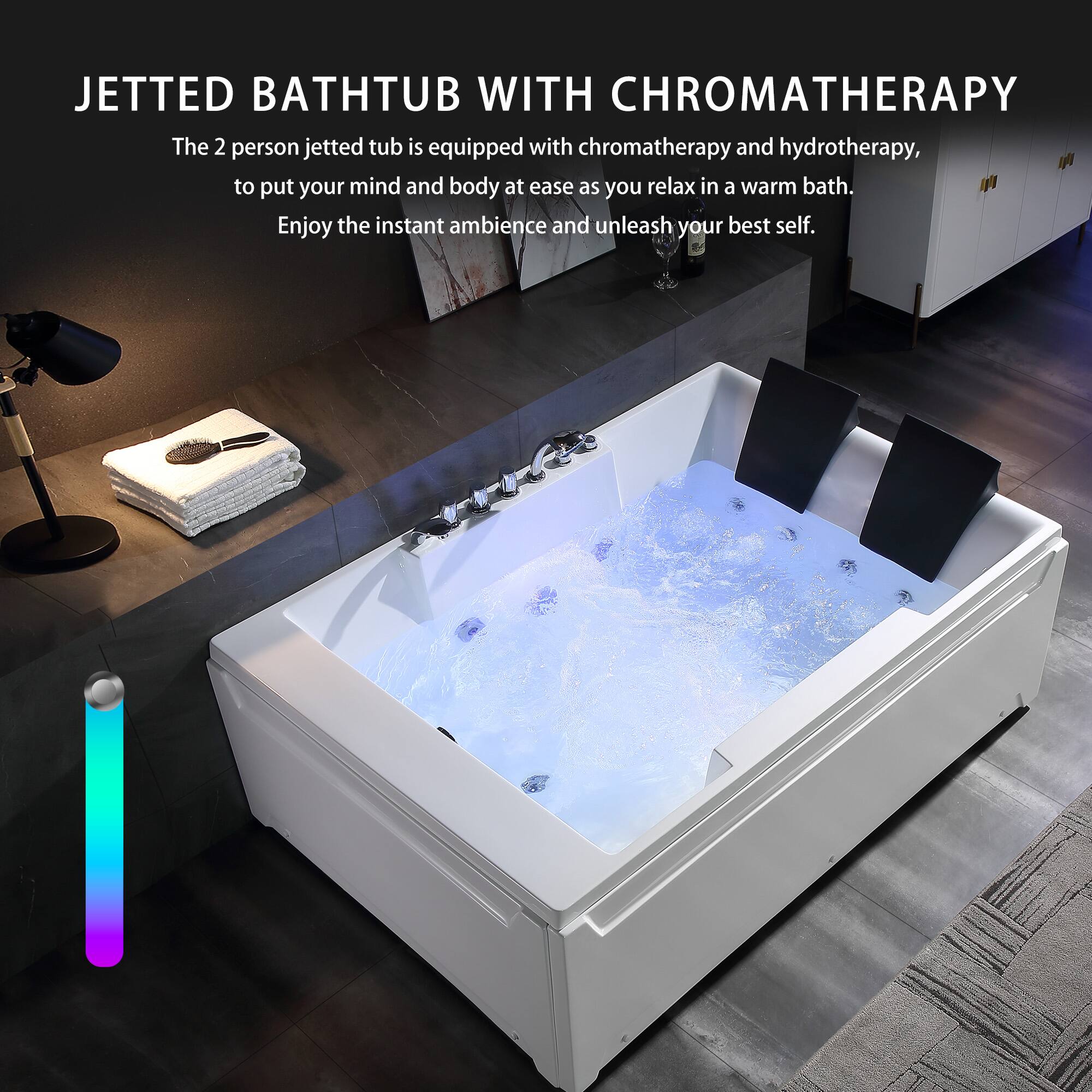 JETTED BATHTUB WITH CHROMATHERAPY

The 2 person jetted tub is equipped with chromatherapy and hydrotherapy, to put your mind and body at ease as you relax in a warm bath. Enjoy the instant ambience and unleash your best self.