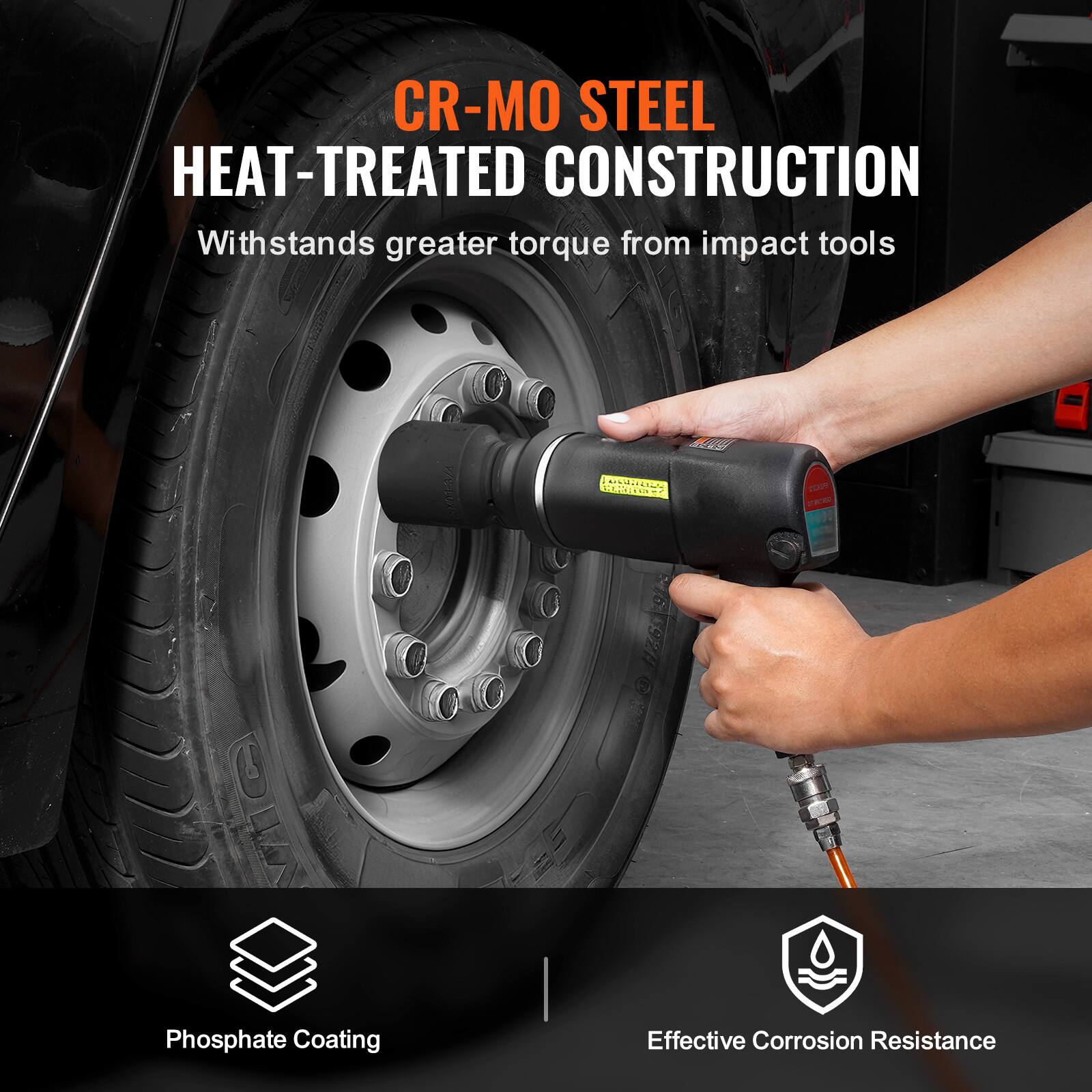 CR-MO STEEL  
HEAT-TREATED CONSTRUCTION  
Withstands greater torque from impact tools  

Phosphate Coating  
Effective Corrosion Resistance