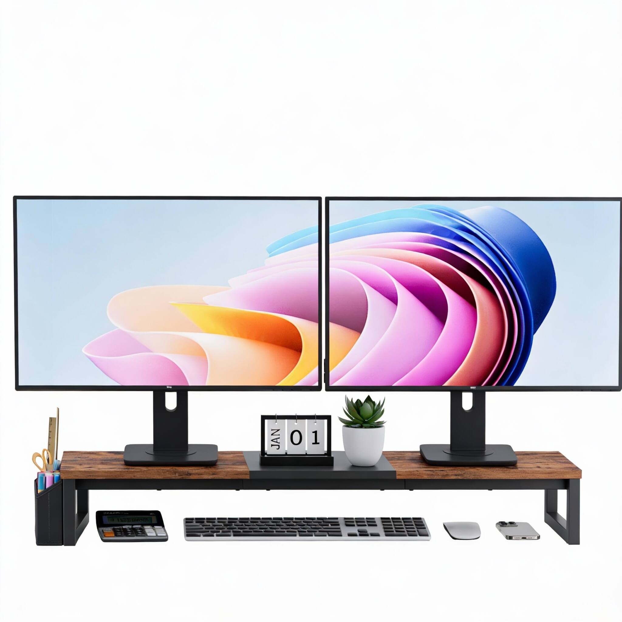 Front. Frangdom - 31.5-43" Dual Monitor Riser with Side Pocket - Rustic Brown Single-Type.