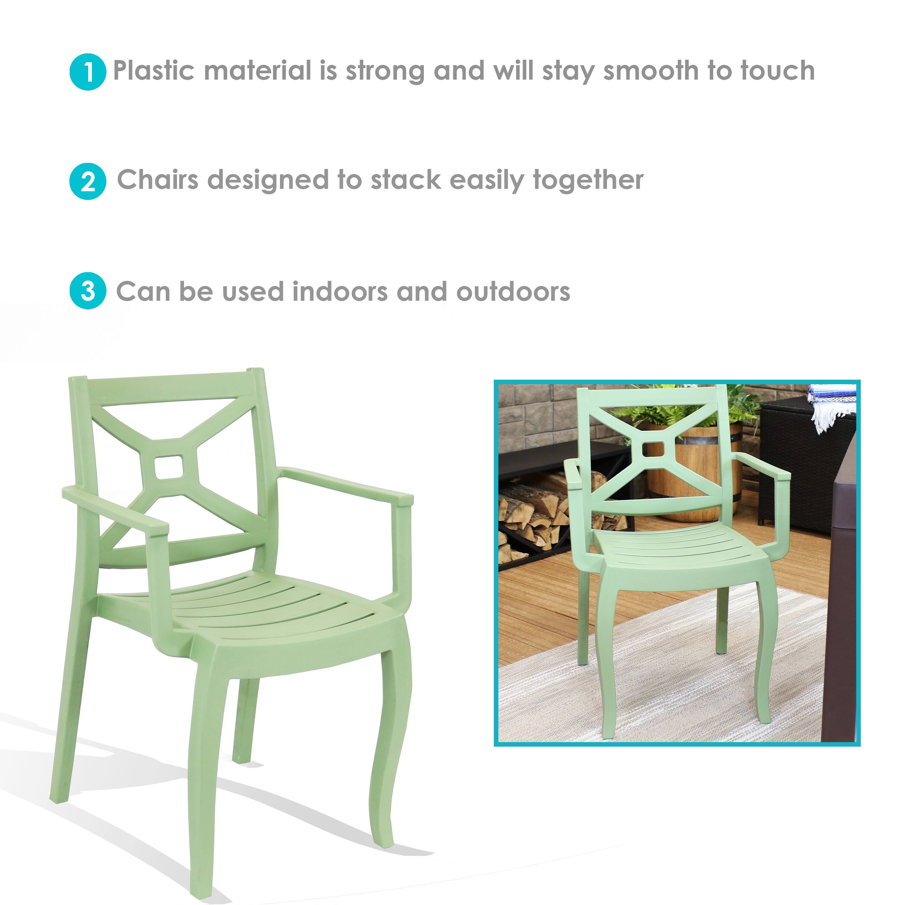 1. Plastic material is strong and will stay smooth to touch  
2. Chairs designed to stack easily together  
3. Can be used indoors and outdoors