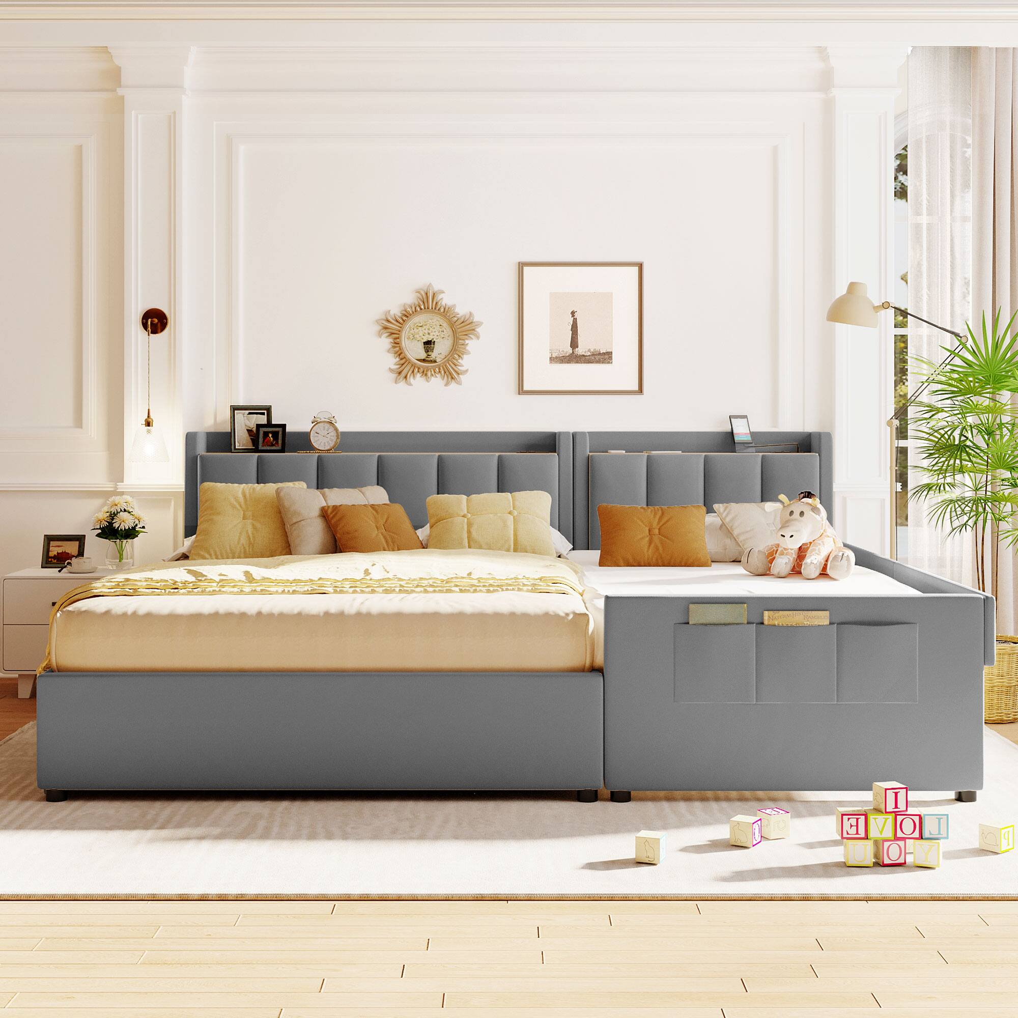 Left. Tiramisubest - Queen Size & Twin XL Size Upholstered Mother & Child Bed with Hydraulic Storage System, Drawer Box, shelf and USB Ports - Gray.