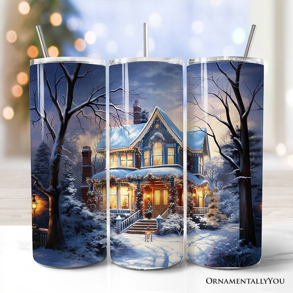 Left. OrnamentallyYou - Watercolor Winter Christmas House Night Painting 20oz Tumbler With Lid and Stainless Steel Straw - Multicolored.