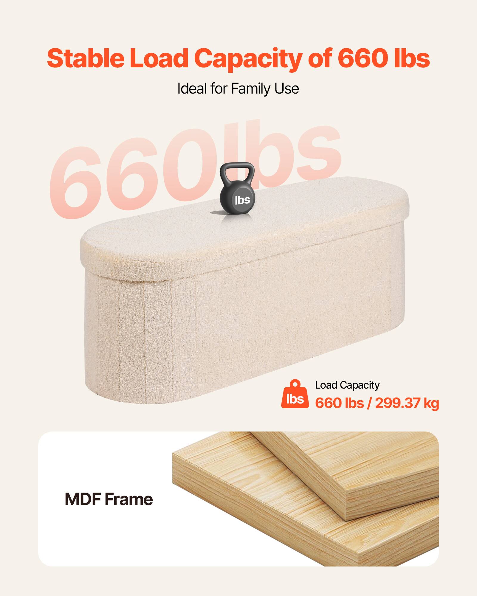 Stable Load Capacity of 660 lbs  
Ideal for Family Use  

660 lbs / 299.37 kg  

MDF Frame