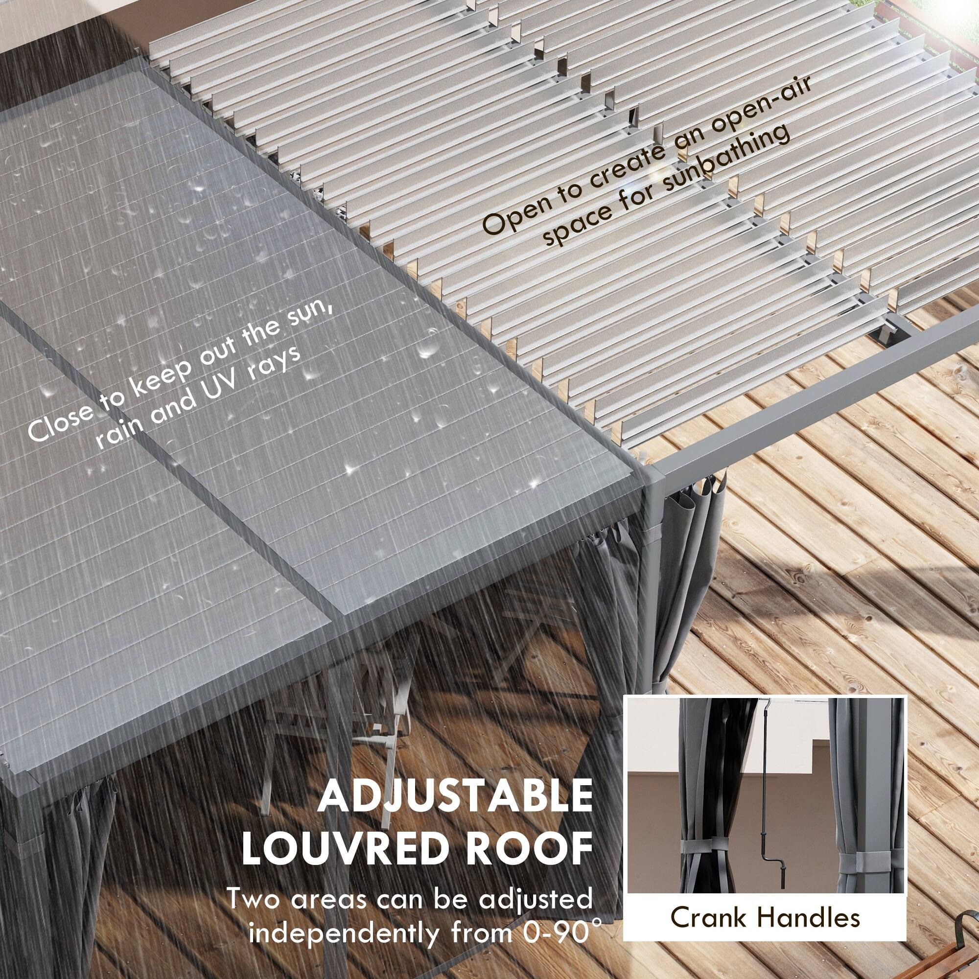 - Close to keep out the sun, rain and UV rays
- Open to create an open-air space for sunbathing

ADJUSTABLE LOUVRED ROOF
Two areas can be adjusted independently from 0-90°

Crank Handles