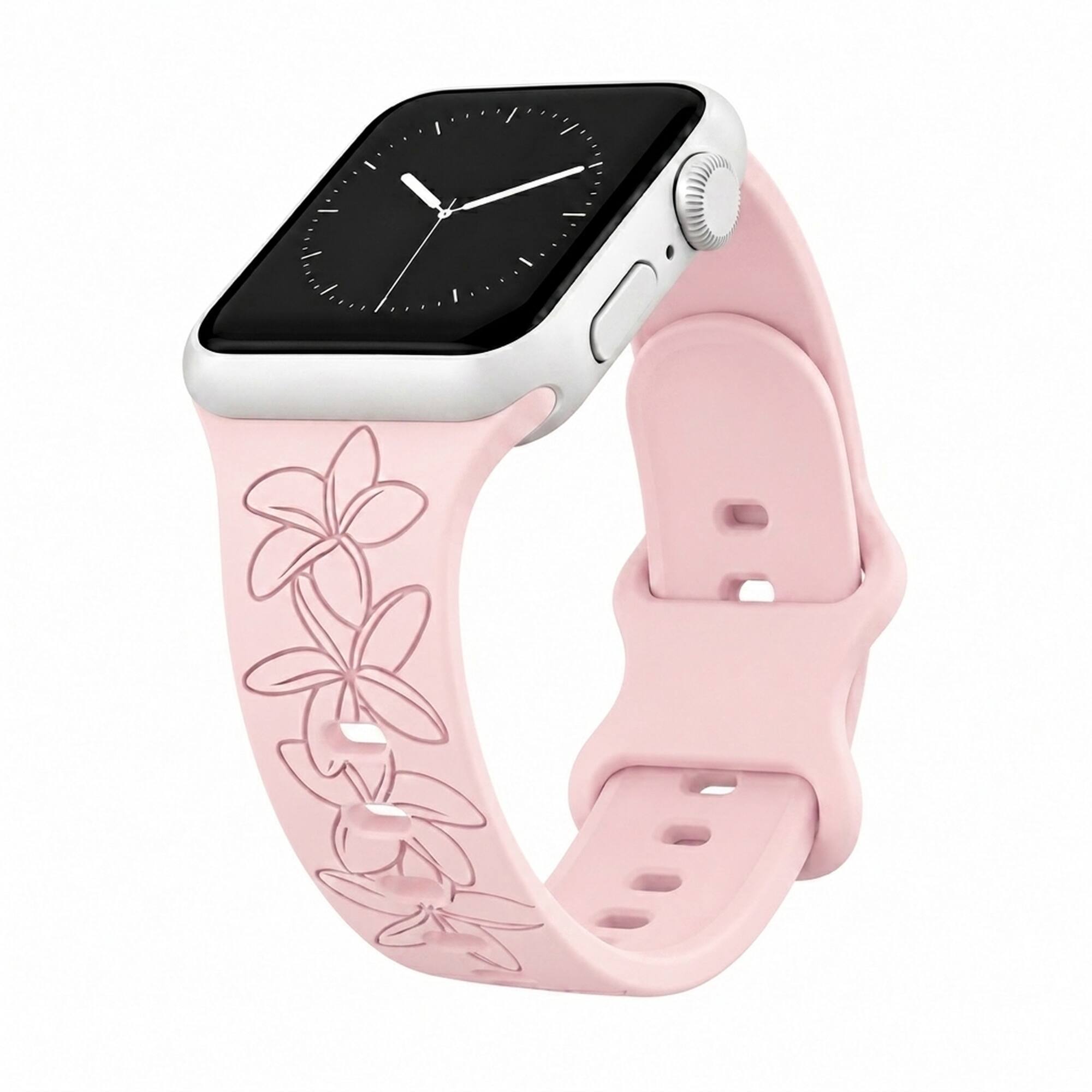 Front. ROXTRO - Blush Plumeria Engraved Silicone Watch Band Apple Watch Compatible - SMALL WATCH - 38/40/41mm & (42mm Series 10 & Up) - Blush.