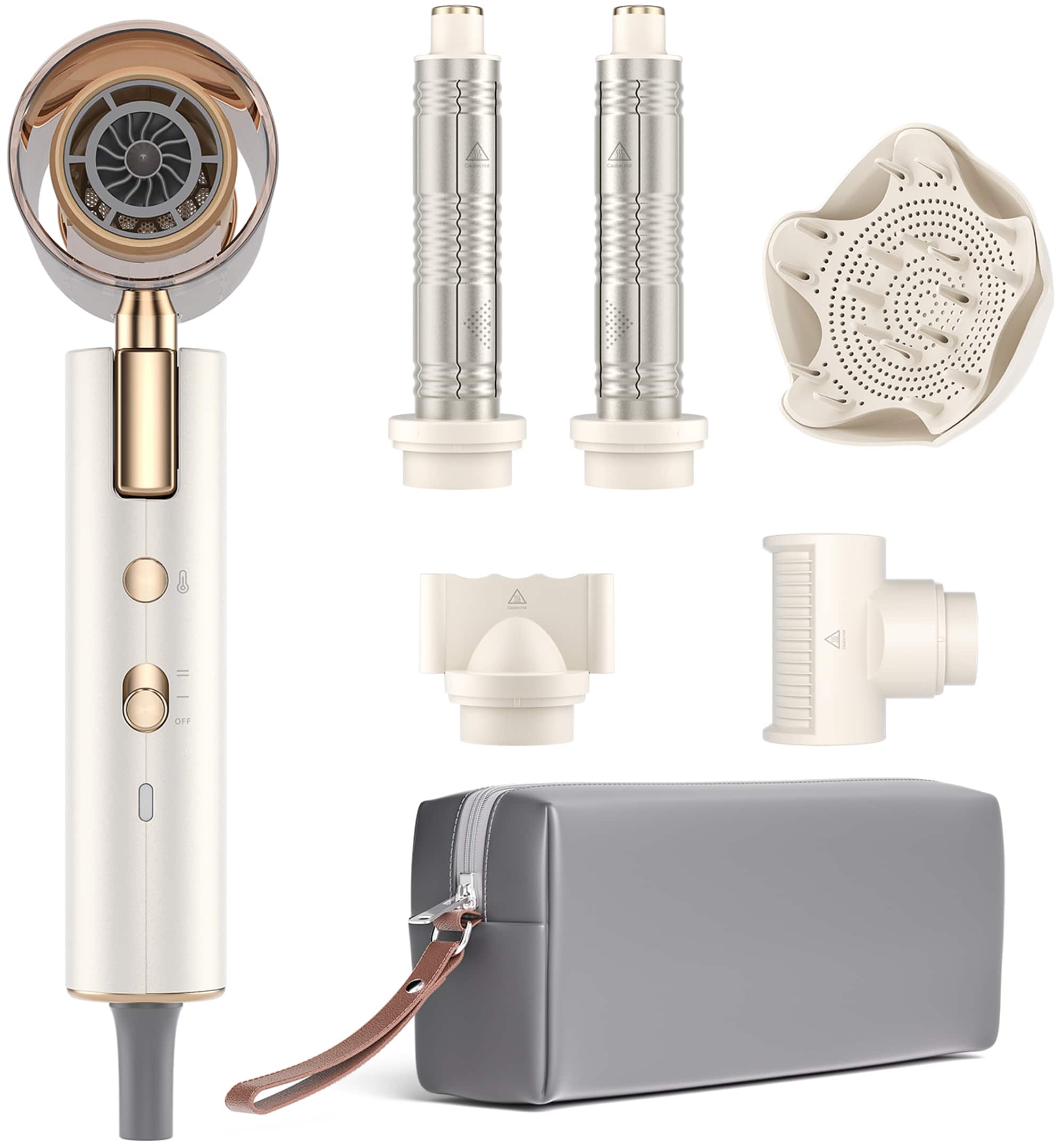 Gomyth - 5-in-1 Hair Dryer & Multi-Styler, Foldable & Dual Voltage for Travel, 1300W High-Speed Ionic Hair Blower, No Heat Damage - Pearly White/Brown