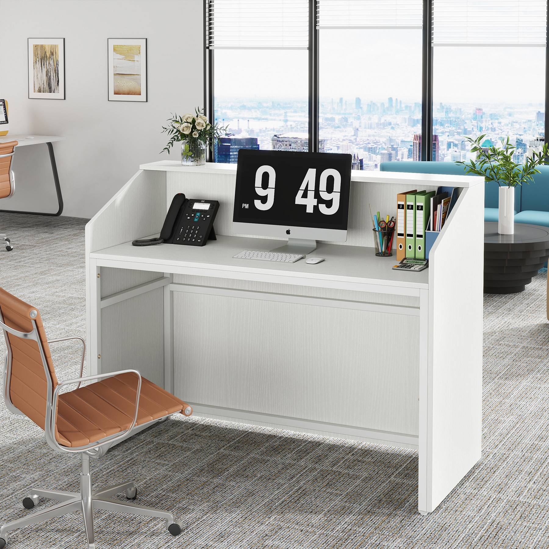 Alt View 1. Tribesigns - Office Reception Desk with Engineered Wood Construction, for Front Desk Work in Reception Areas and Shared Workspaces - White.