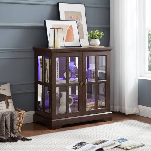 Angle. LUCKY ONE - 66in Freestanding LED Display Cabinet with Adjustable Shelves Storage Bookcase for Collectibles - Cherry.