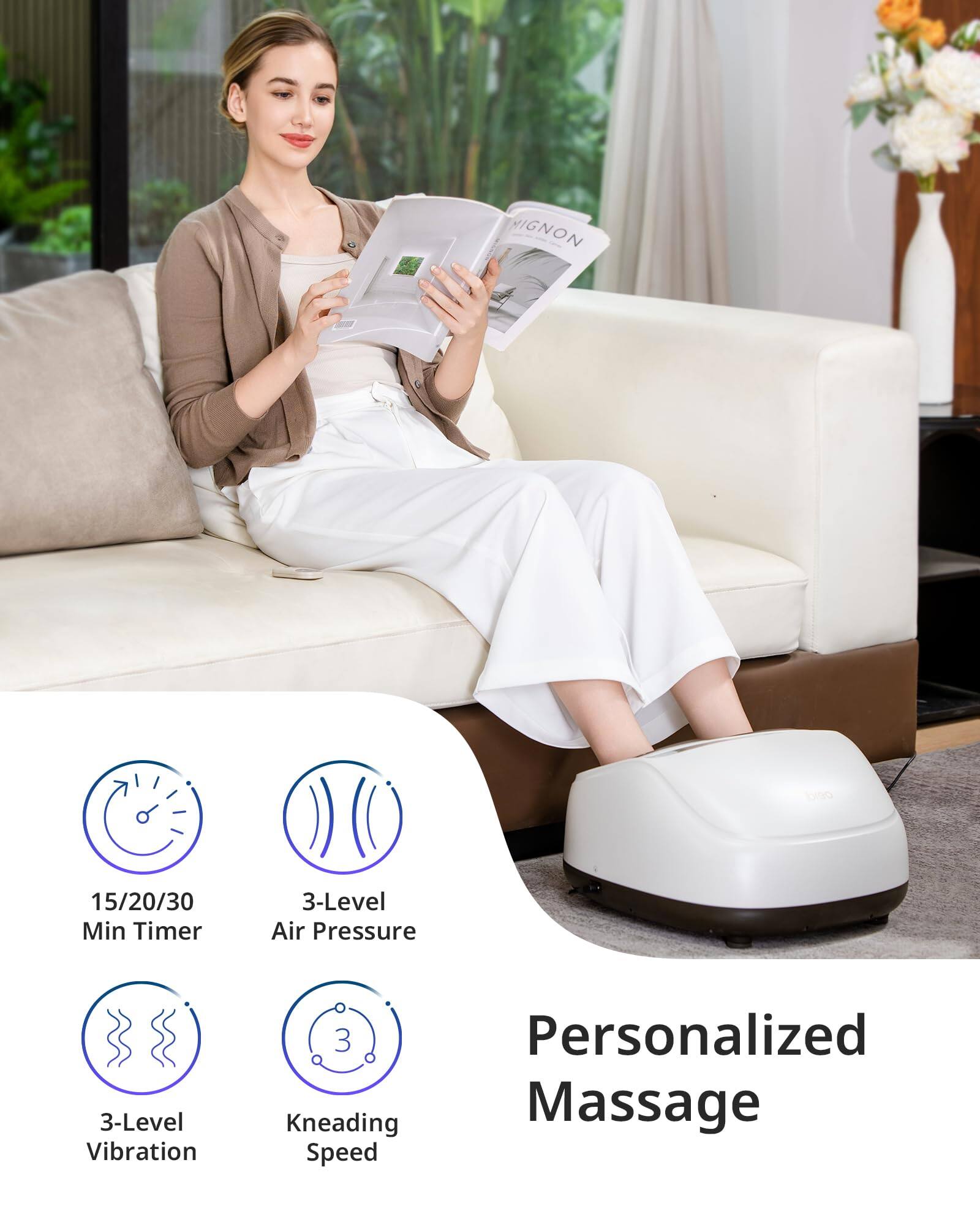- 15/20/30 Min Timer
- 3-Level Air Pressure
- 3-Level Vibration
- 3 Personalized Kneading Massage Speed

Personalized Massage