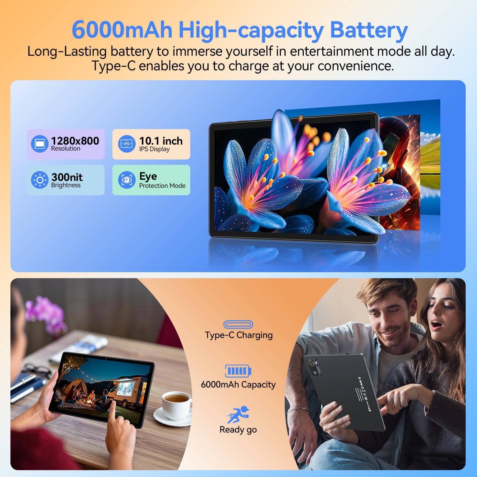 6000mAh High-capacity Battery  
Long-Lasting battery to immerse yourself in entertainment mode all day.  
Type-C enables you to charge at your convenience.

1280x800 Resolution  
10.1 inch IPS Display  
300nit Brightness  
Eye Protection Mode

Type-C Charging  
6000mAh Capacity  
Ready go
