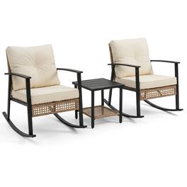 Yardgrace - 3-Piece Outdoor Rocking Set, Oversize Rattan Chairs with Thick Cushions & 2-Tier Coffee Table for Patio Garden - Off-white