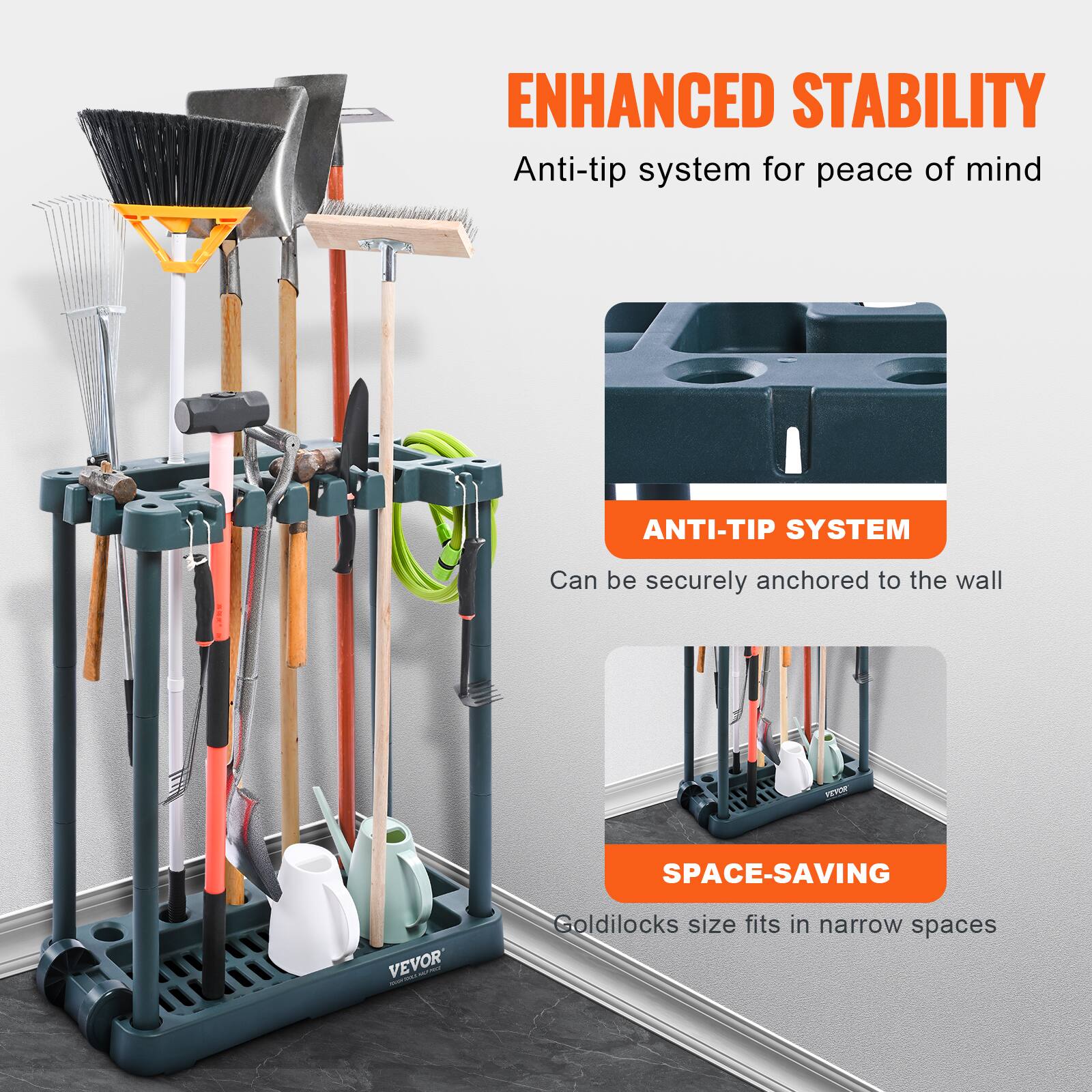 ENHANCED STABILITY: Anti-tip system for peace of mind.  
ANTI-TIP SYSTEM: Can be securely anchored to the wall.  
SPACE-SAVING: Goldilocks size fits in narrow spaces.