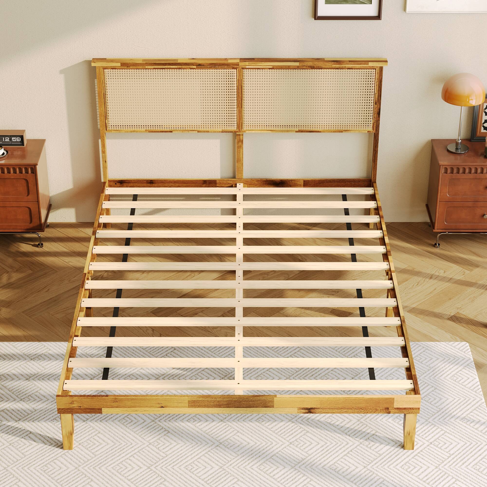Alt View 10. Famapy - Famapy Solid Wood Platform Bed Frame - Rattan Headboard, Acacia Wood, Sturdy Slat Support - Wooden.