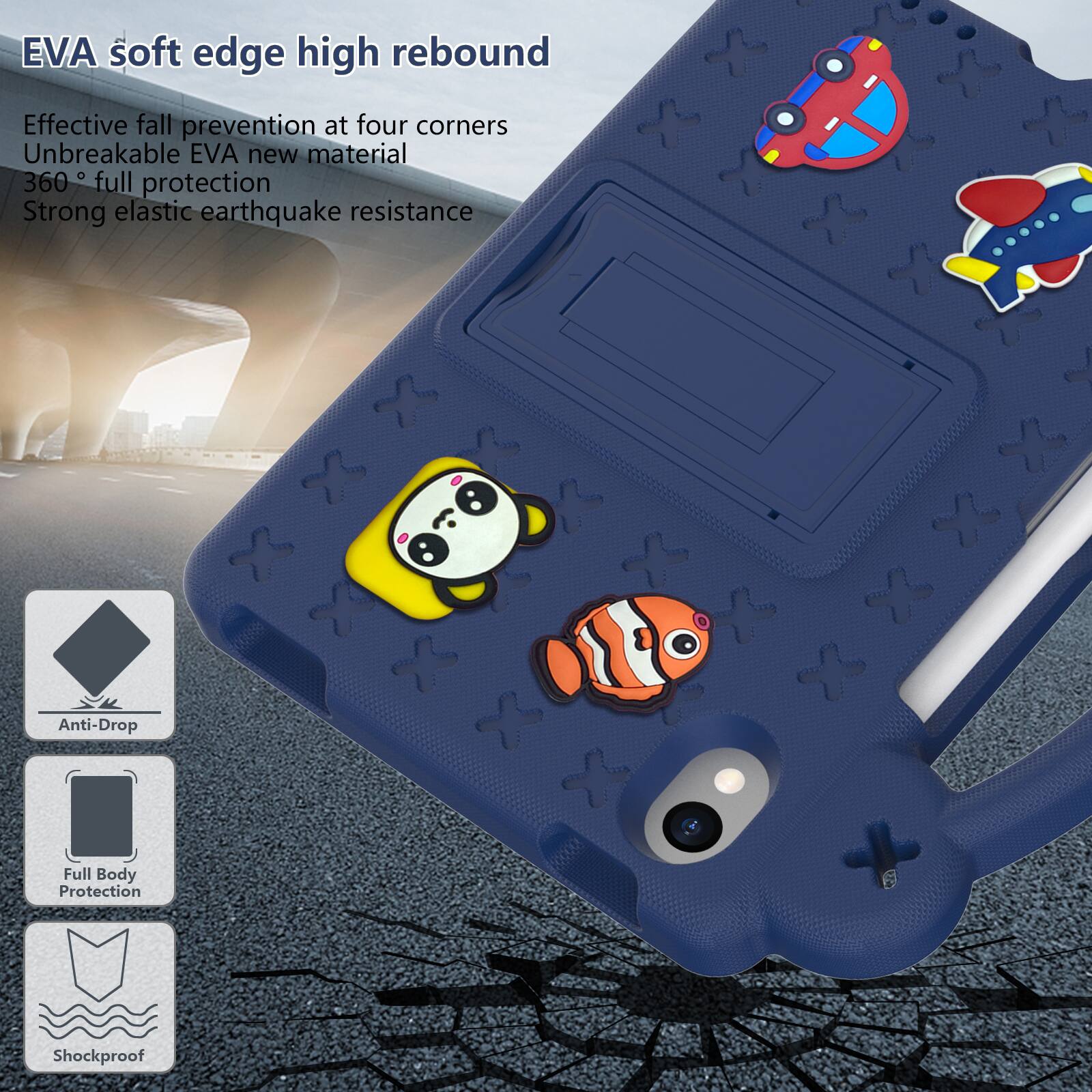 EVA soft edge high rebound  
Effective fall prevention at four corners  
Unbreakable EVA new material  
360° full protection  
Strong elastic earthquake resistance  

Anti-Drop  
Full Body Protection  
Shockproof