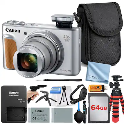 Canon 40x Optical Zoom Lens: 4.3-172.0mm 1:3.3-6.9
Canon SX740 HS
Canon Battery Charger
Canon Battery Pack NB-13L (1250mAh)
64GB SD Card
Canon Tripod
Canon Cleaning Cloth
Canon Lens Hood
Canon Strap
Canon Lens Cap
Canon Lens Cleaning Kit
Canon Memory Card Reader