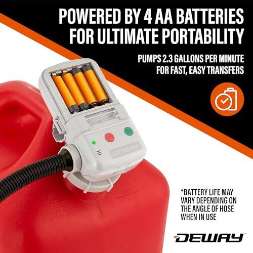 POWERED BY 4 AA BATTERIES FOR ULTIMATE PORTABILITY
PUMPS 2.3 GALLONS PER MINUTE FOR FAST, EASY TRANSFERS
*BATTERY LIFE MAY VARY DEPENDING ON THE ANGLE OF HOSE WHEN IN USE
DEWAY