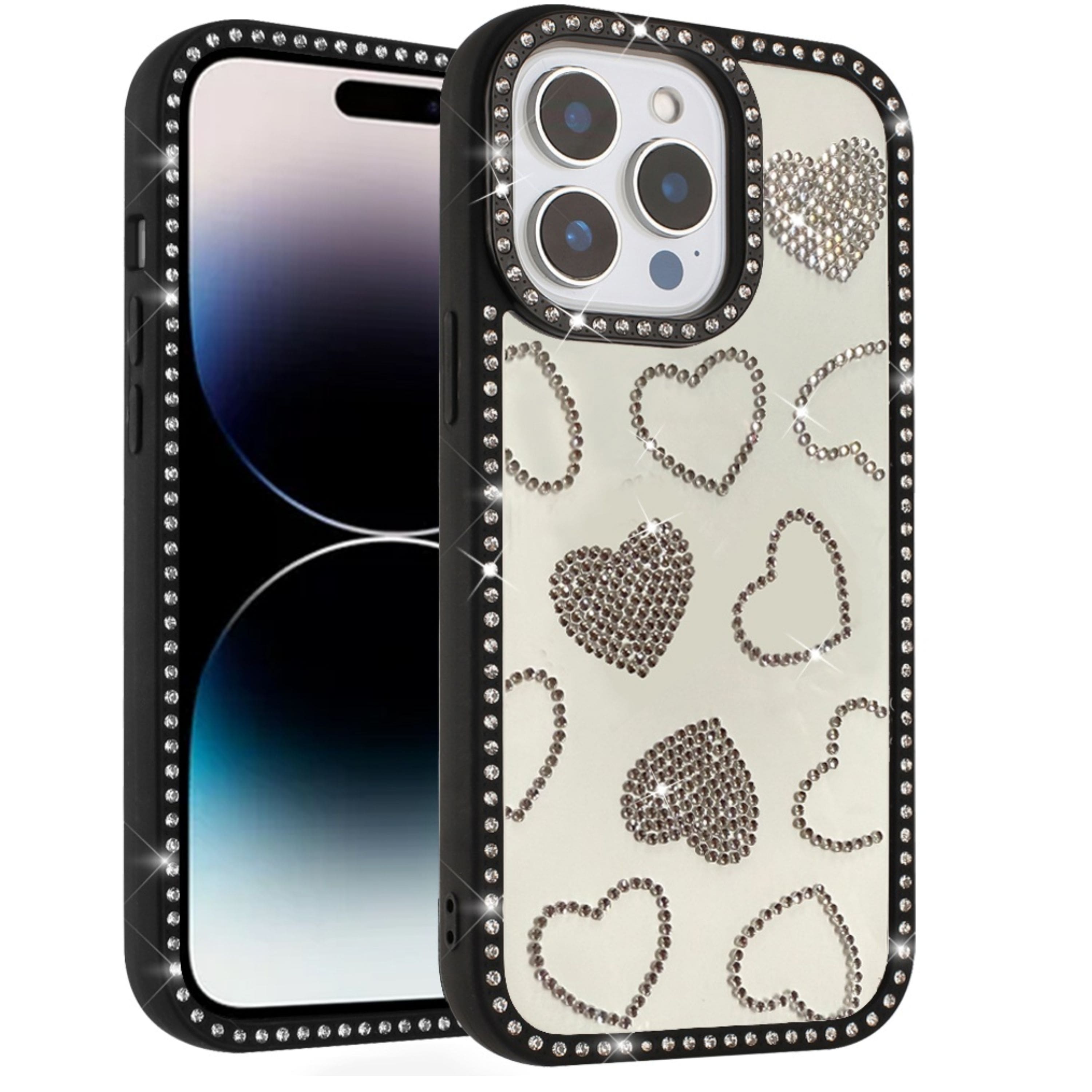 Kitcheniva - Rhinestone Hearts With Bling Around Trim Case For iPhone 14 Pro Max - Black