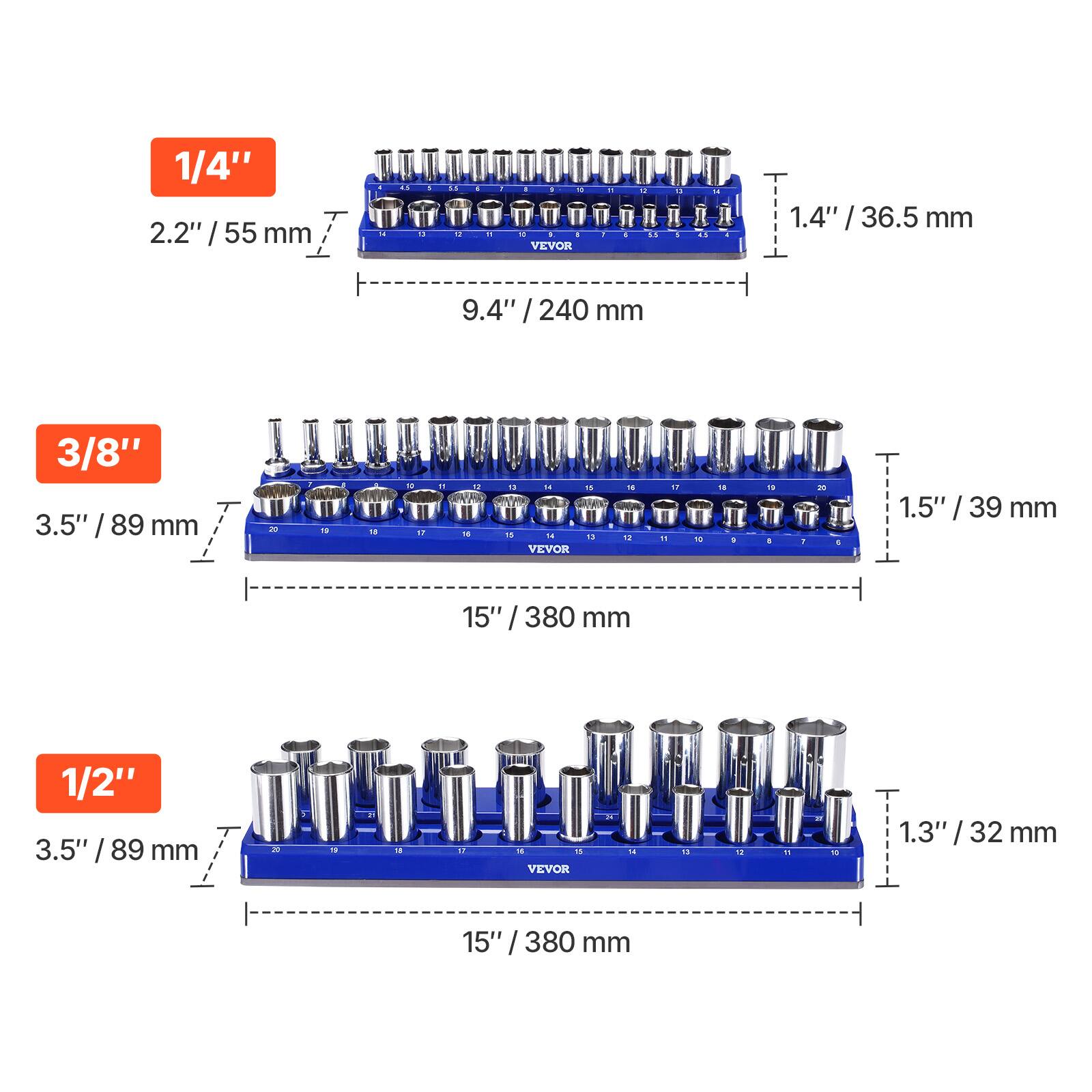 1/4"  
2.2" / 55 mm  
1.4" / 36.5 mm  
9.4" / 240 mm  

3/8"  
3.5" / 89 mm  
1.5" / 39 mm  
15" / 380 mm  

1/2"  
3.5" / 89 mm  
1.3" / 32 mm  
15" / 380 mm  

VEVOR