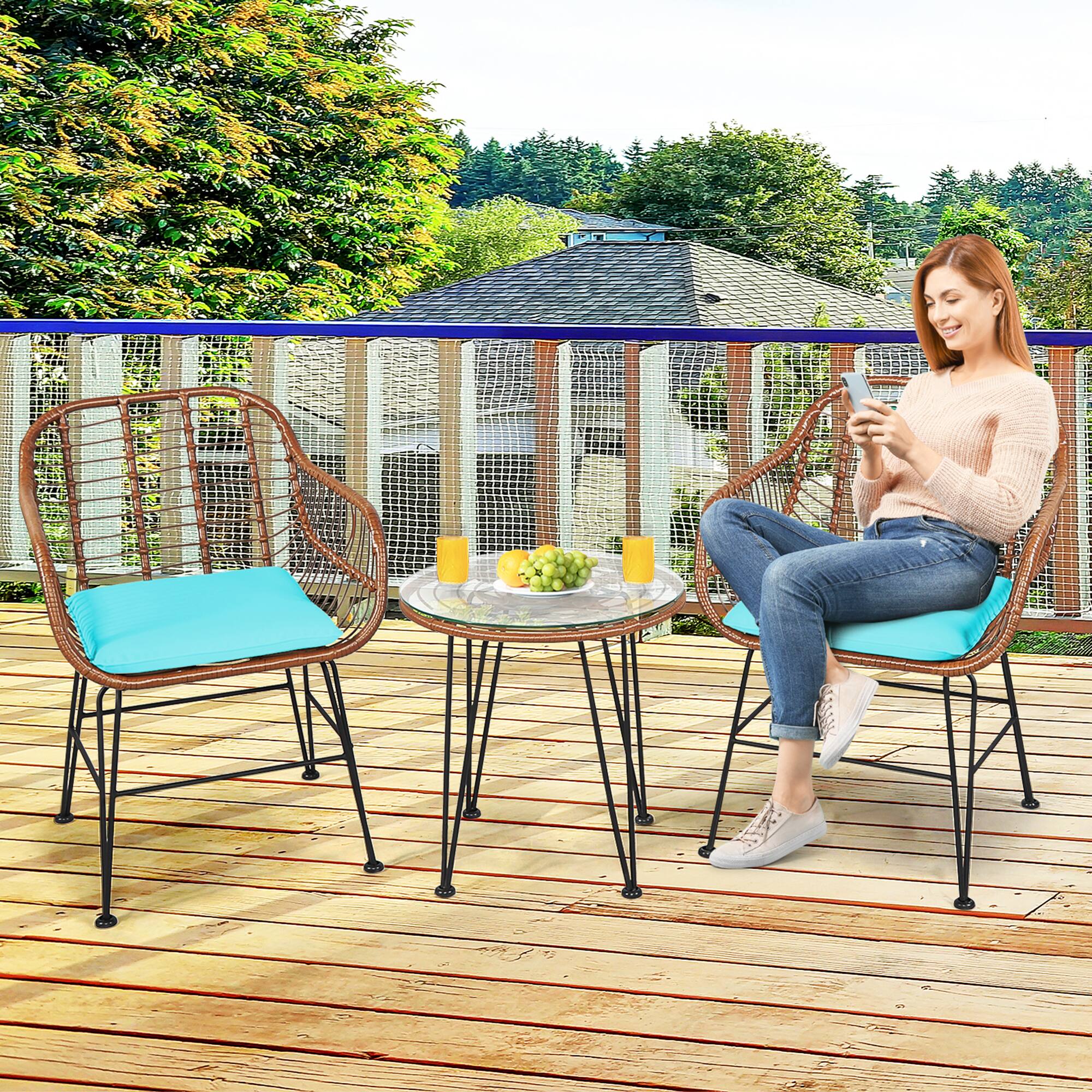 Alt View 2. Gymax - Gymax 3PCS Rattan Patio Conversation Set Bistro Chat Set w/ Turquoise Cushions - Turquoise.