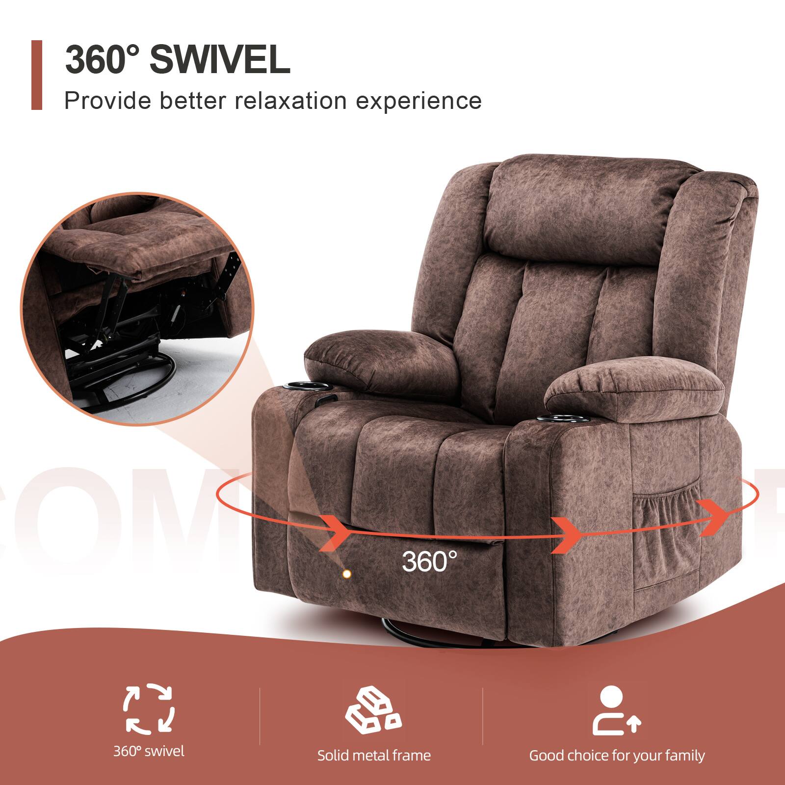 360° SWIVEL, Provide better relaxation experience, 360°, 360° swivel, Solid metal frame, Good choice for your family